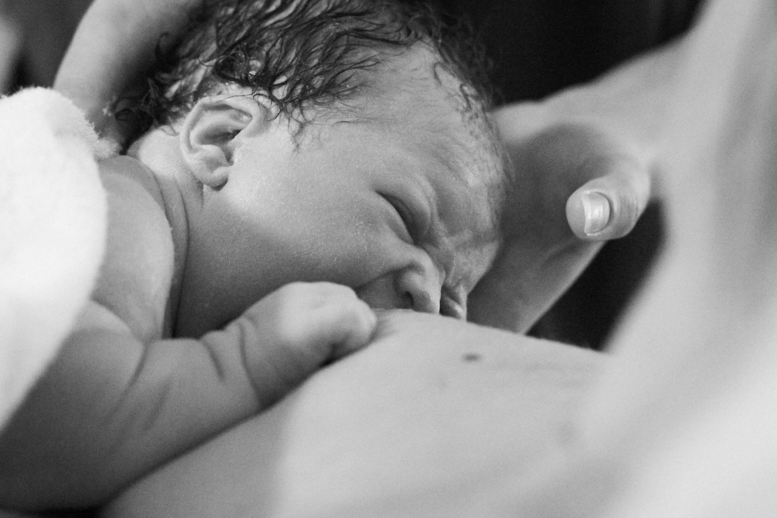 A newborn baby with wet hair is breastfeeding, with an adult's hand supporting the baby's head.