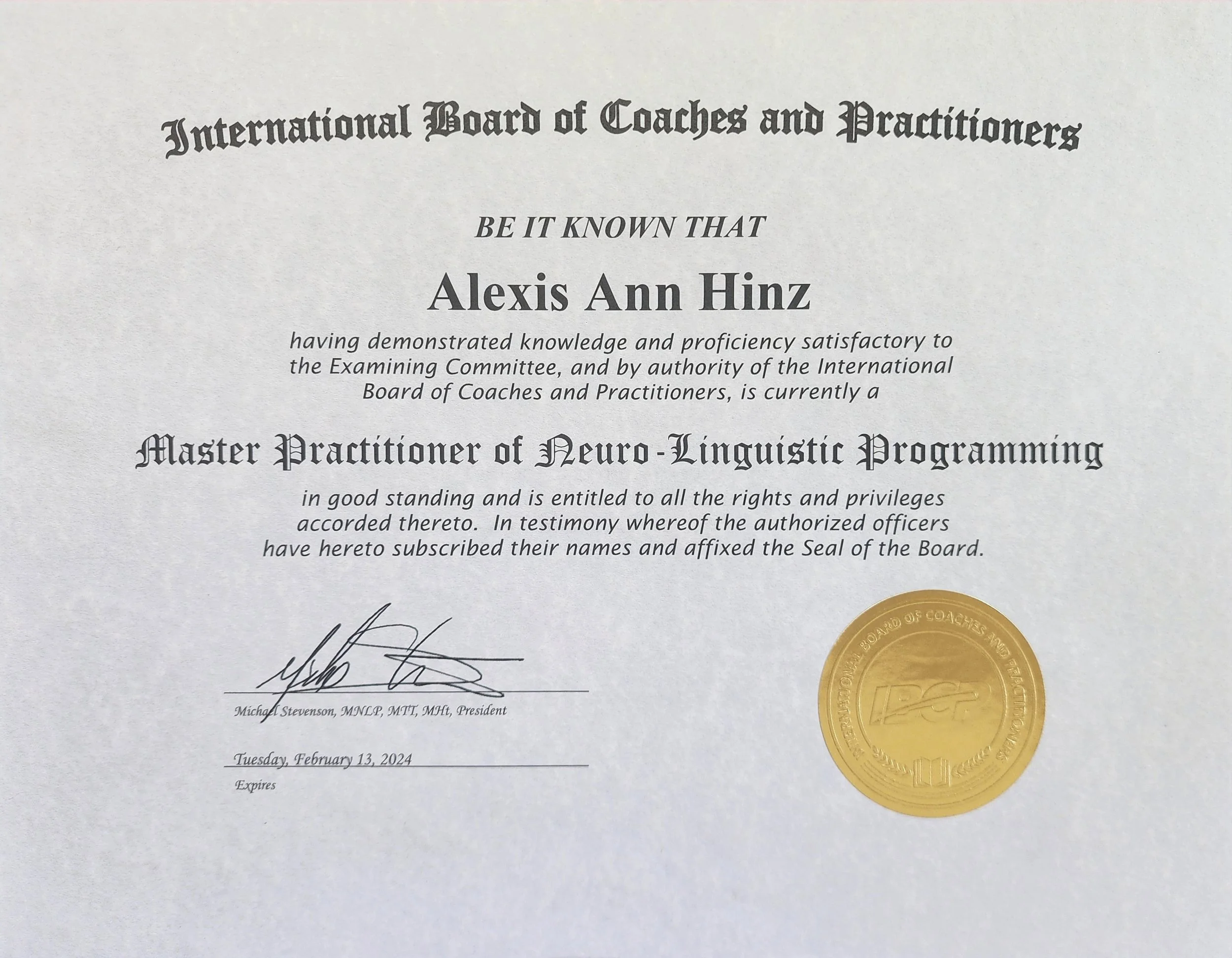 Lexi Hinz Karamanov Master NLP Practitioner