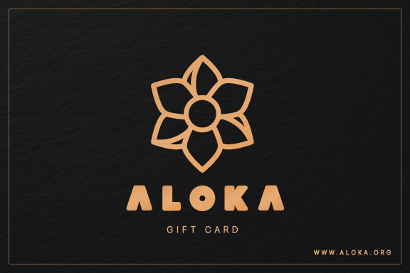 A gift card with a black background, featuring a stylized flower design, the word 'ALOKA' in bold letters, and the text 'GIFT CARD' and website 'WWW.ALOKA.ORG'.