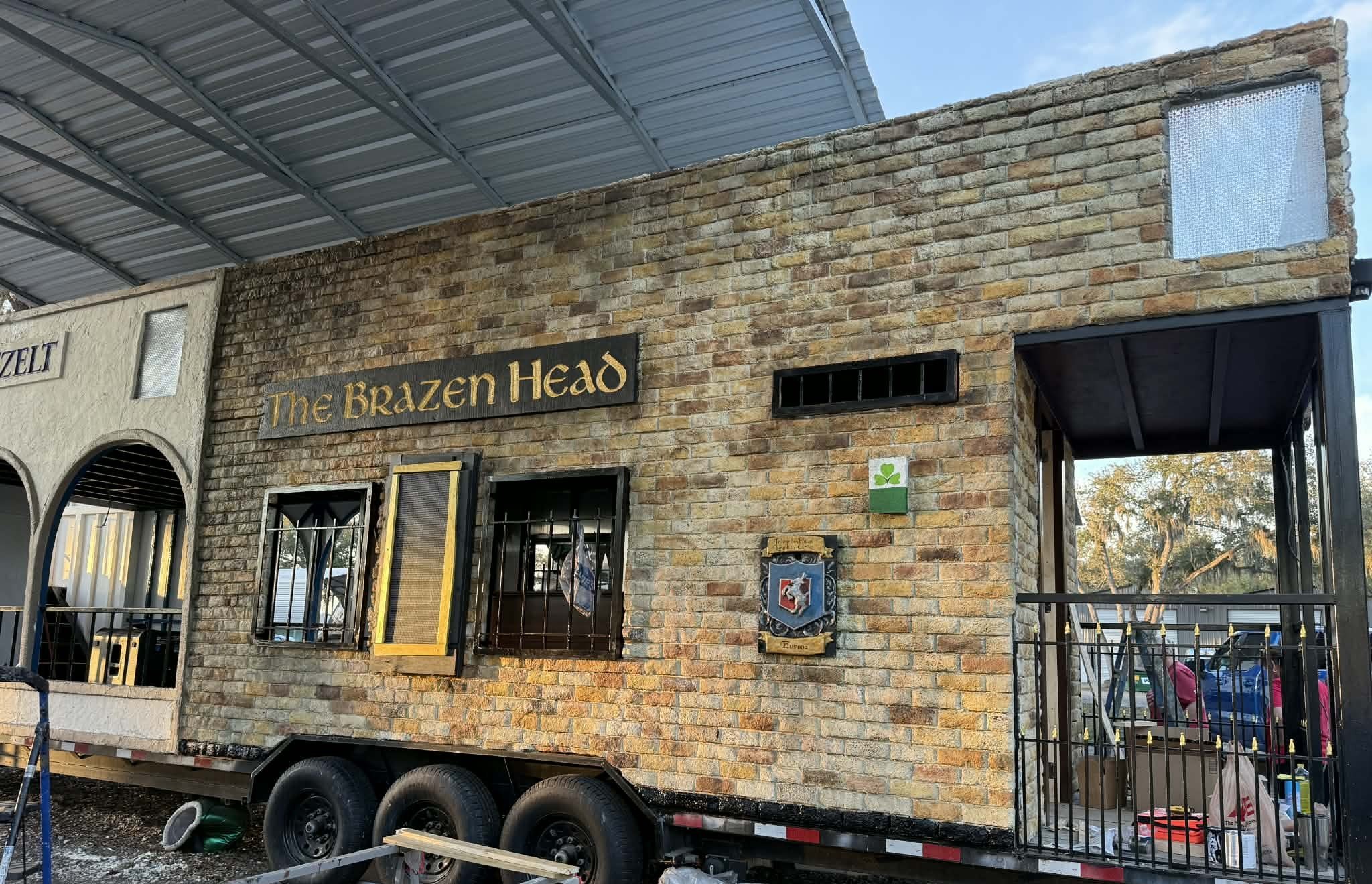 Float based on Brazen Head bar in Ireland. Install, sculpting, painting, sign making