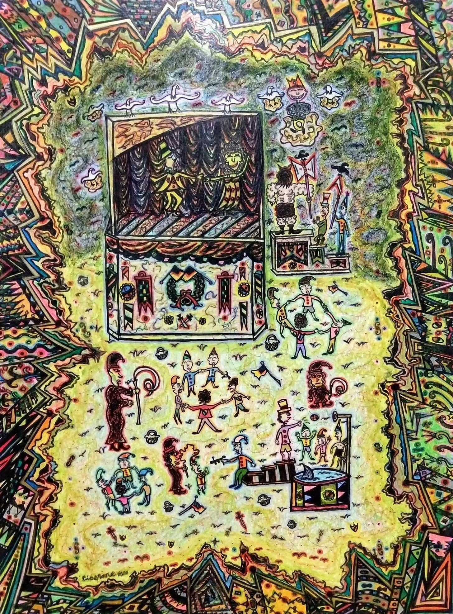 Colorful abstract drawing of a lively scene with various dancing, playing, and socializing characters, a puppet show on stage, and intricate borders with faces and patterns.