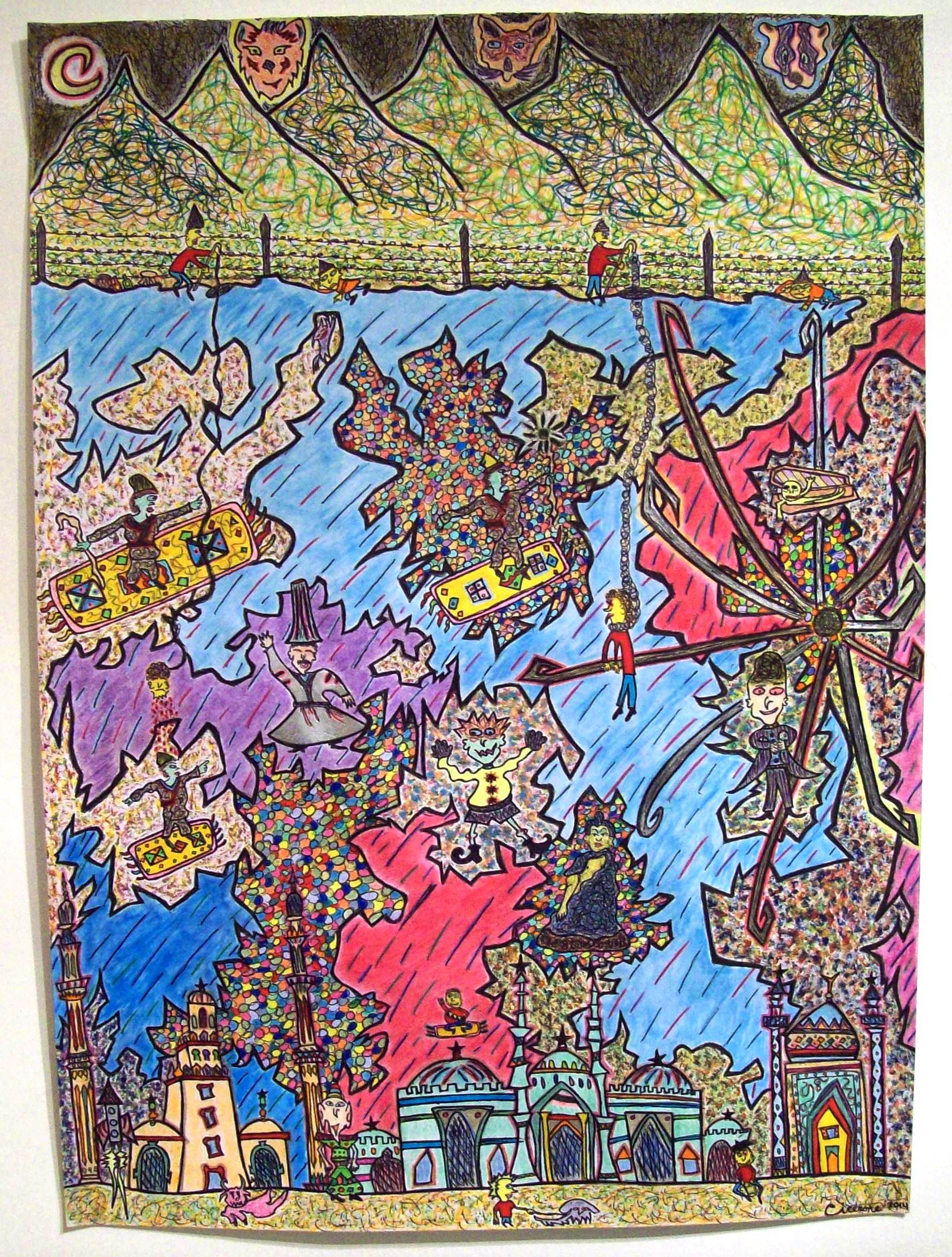 Colorful, abstract artwork featuring children, animals, and fantastical elements on a cityscape background with mountains and a sky, in a whimsical style.