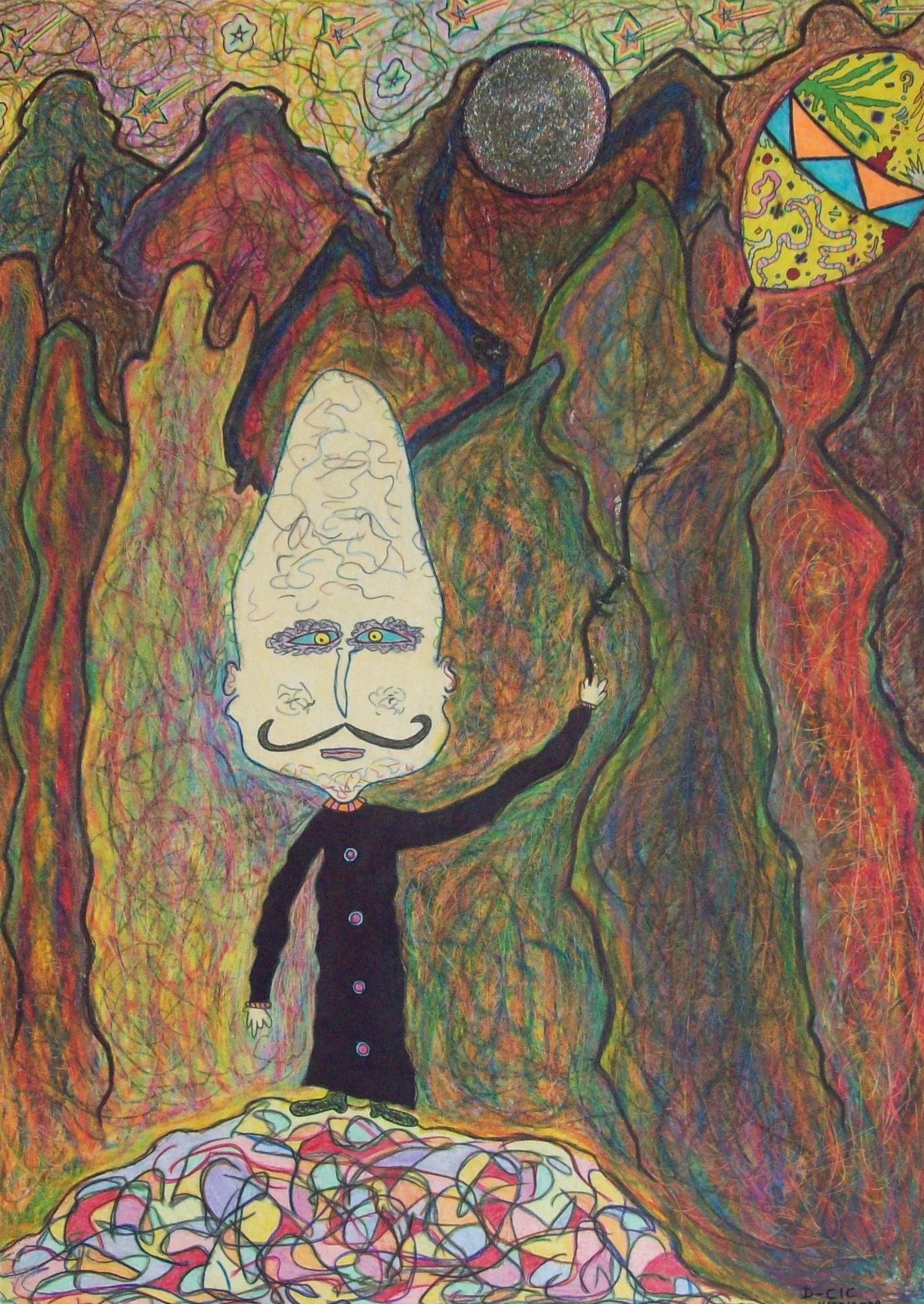 A colorful abstract drawing of a man with a large nose and a mustache, wearing a black coat, standing on a pile of colorful yarn, reaching out and touching a branch in a vibrant, swirling landscape with mountains, stars, and a large moon or planet.