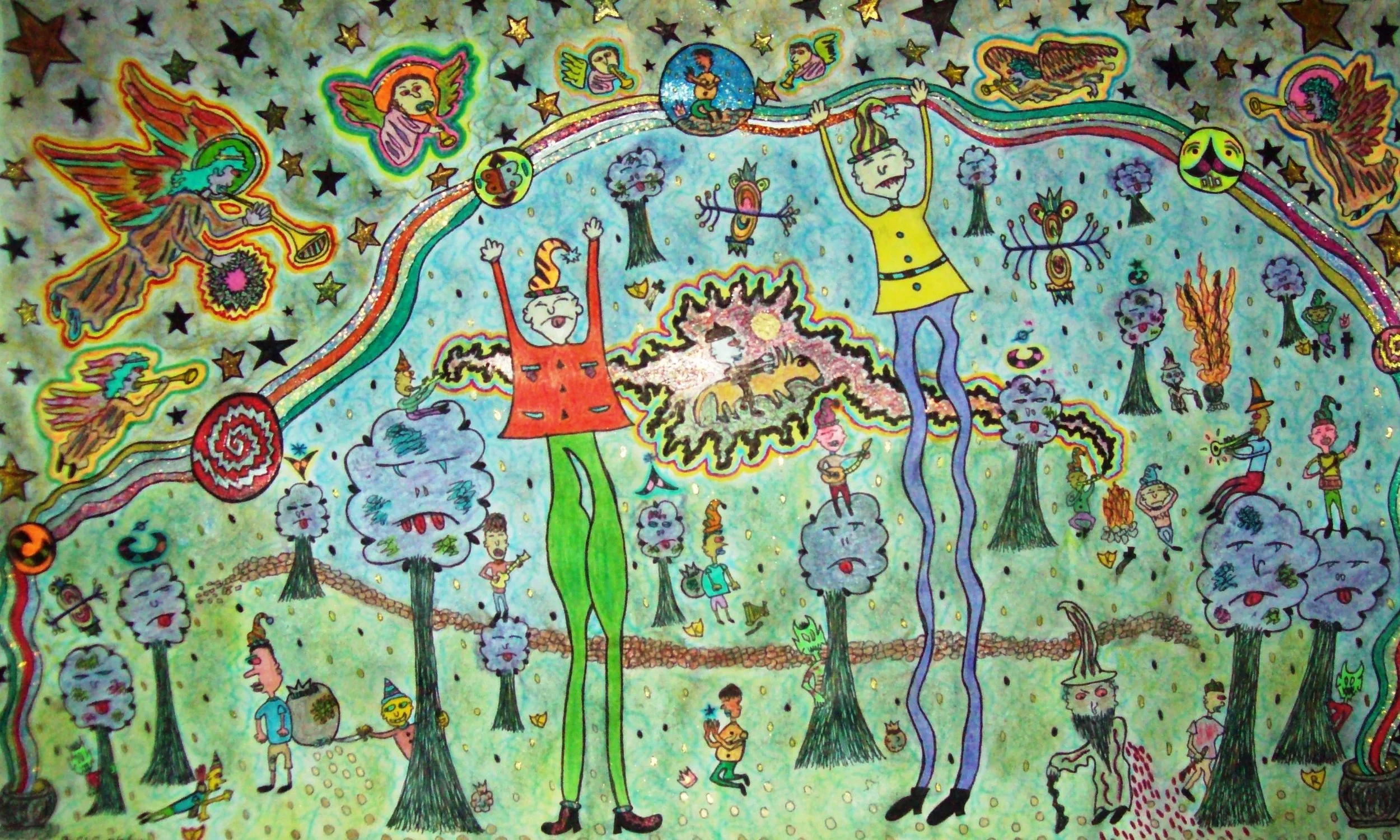 Colorful, whimsical drawing of a fantastical scene with tall, slender figures, flying and playing among trees, stars, and various characters including animals, fairies, and people, with a rainbow arcing across the scene.