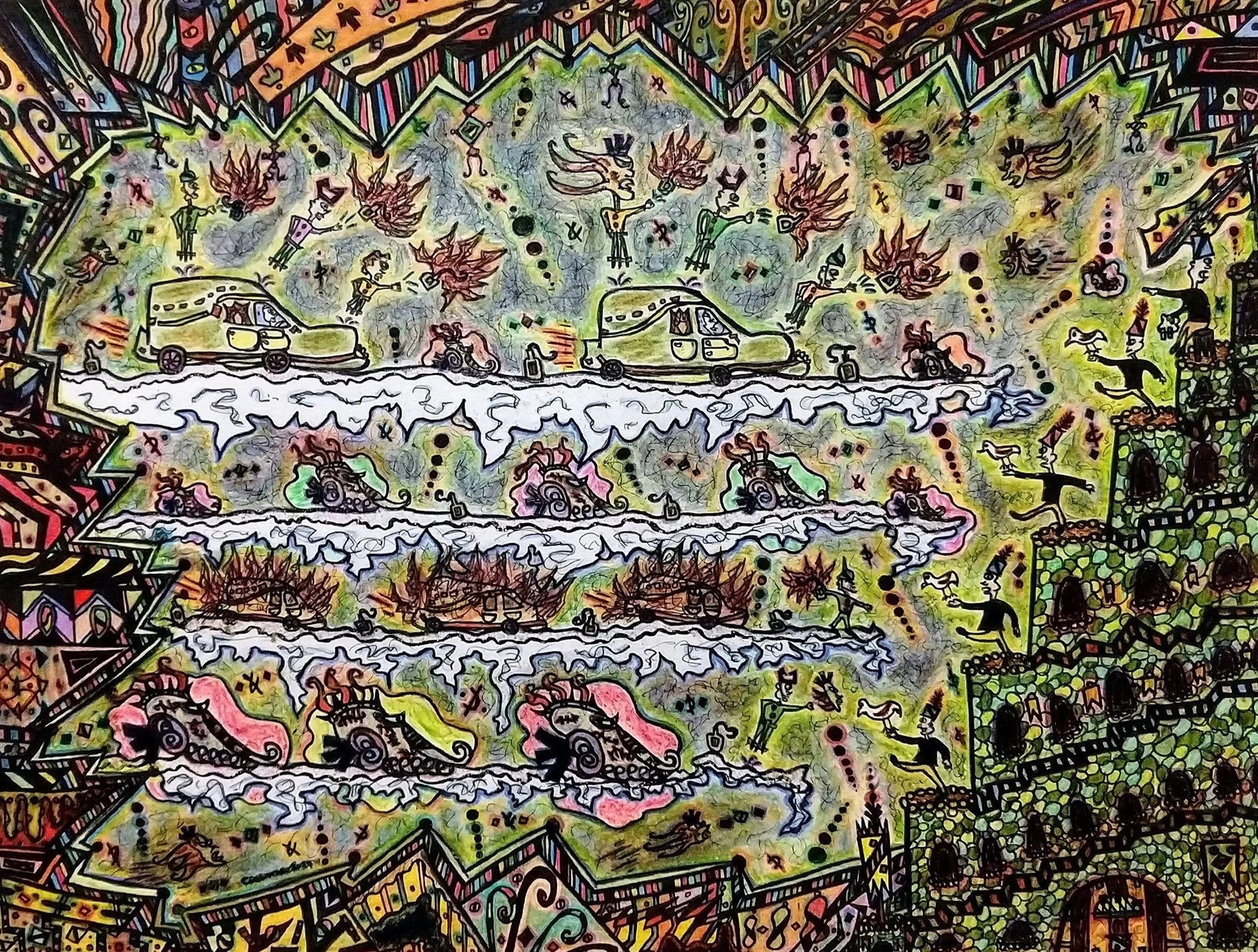 Colorful, abstract artwork with a mix of whimsical vehicles, animals, and human figures set against a vibrant, patterned background.