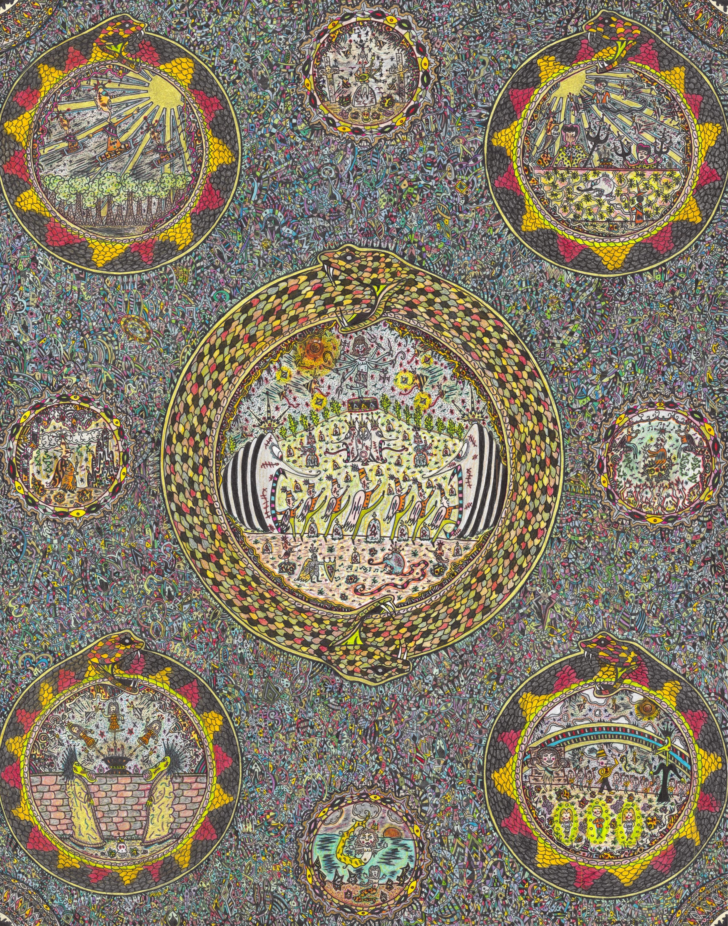 Colorful, detailed illustration with a central snake intertwined around a globe, surrounded by various scenes depicting mythology or fantasy, with intricate patterns and vibrant colors.