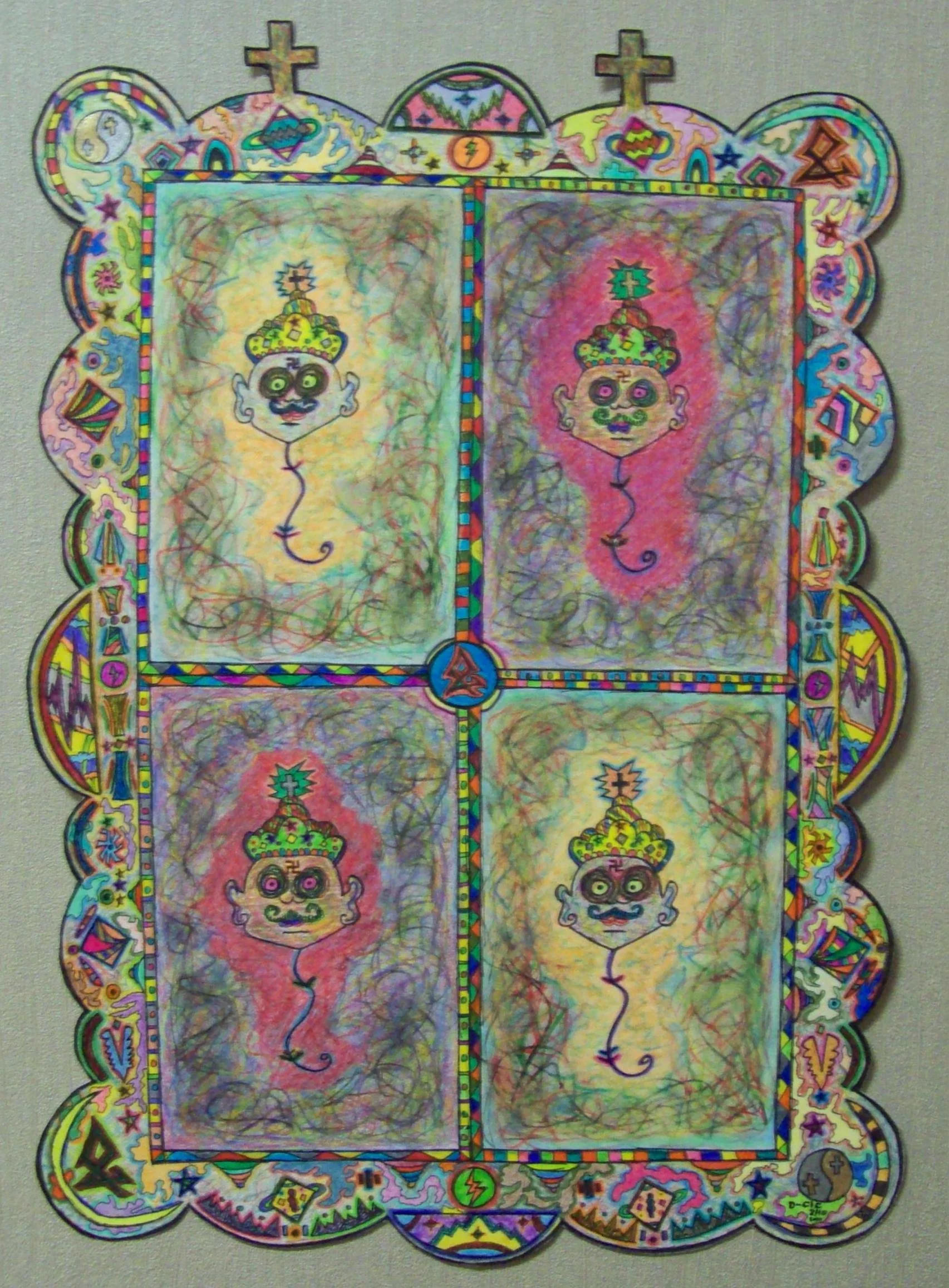 Colorful, framed artwork featuring four cartoonish ghost-like figures with large eyes, mustaches, and crowns, each surrounded by swirling scribbles and abstract decorations.
