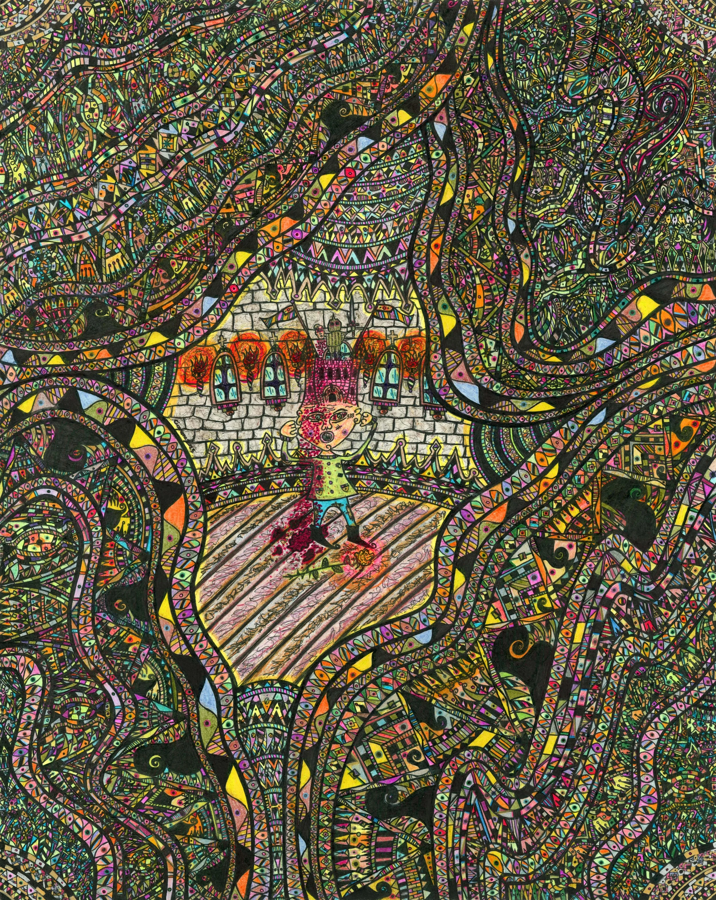 Colorful abstract artwork featuring a centipede-like creature with multiple legs and a large face, and a child with pink hair and green clothes, on a decorated floor with a castle and destructive scene in the background, surrounded by intricate patte