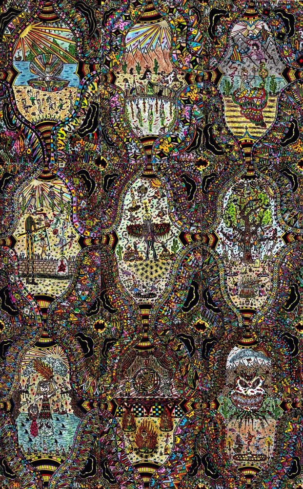 Colorful, intricate doodle art with various scenes, animals, and mythical creatures interconnected through swirling patterns and geometric shapes.