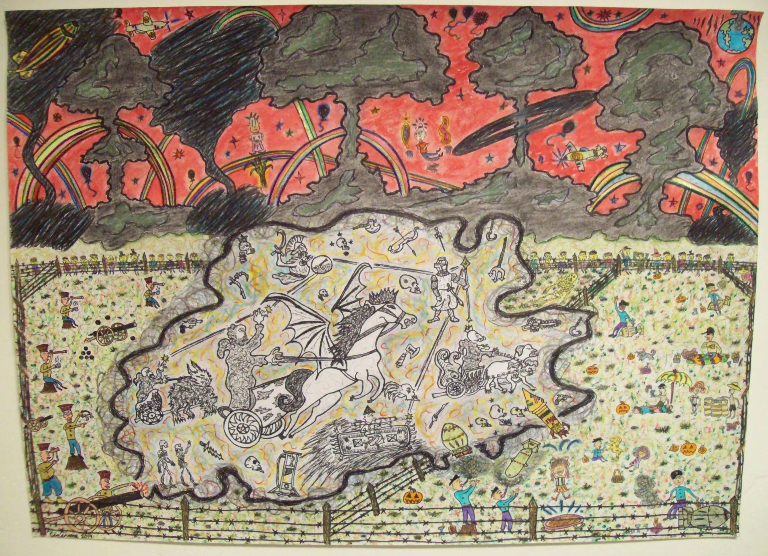 A colorful, chaotic drawing depicting a battlefield with dragons, knights, and soldiers, surrounded by dark clouds, rainbows, and flying planes, with children playing in the background.