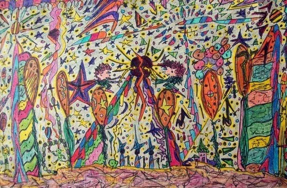 Colorful abstract drawing featuring rainbows, stars, hearts, shooting stars, and various whimsical shapes with vibrant colors.