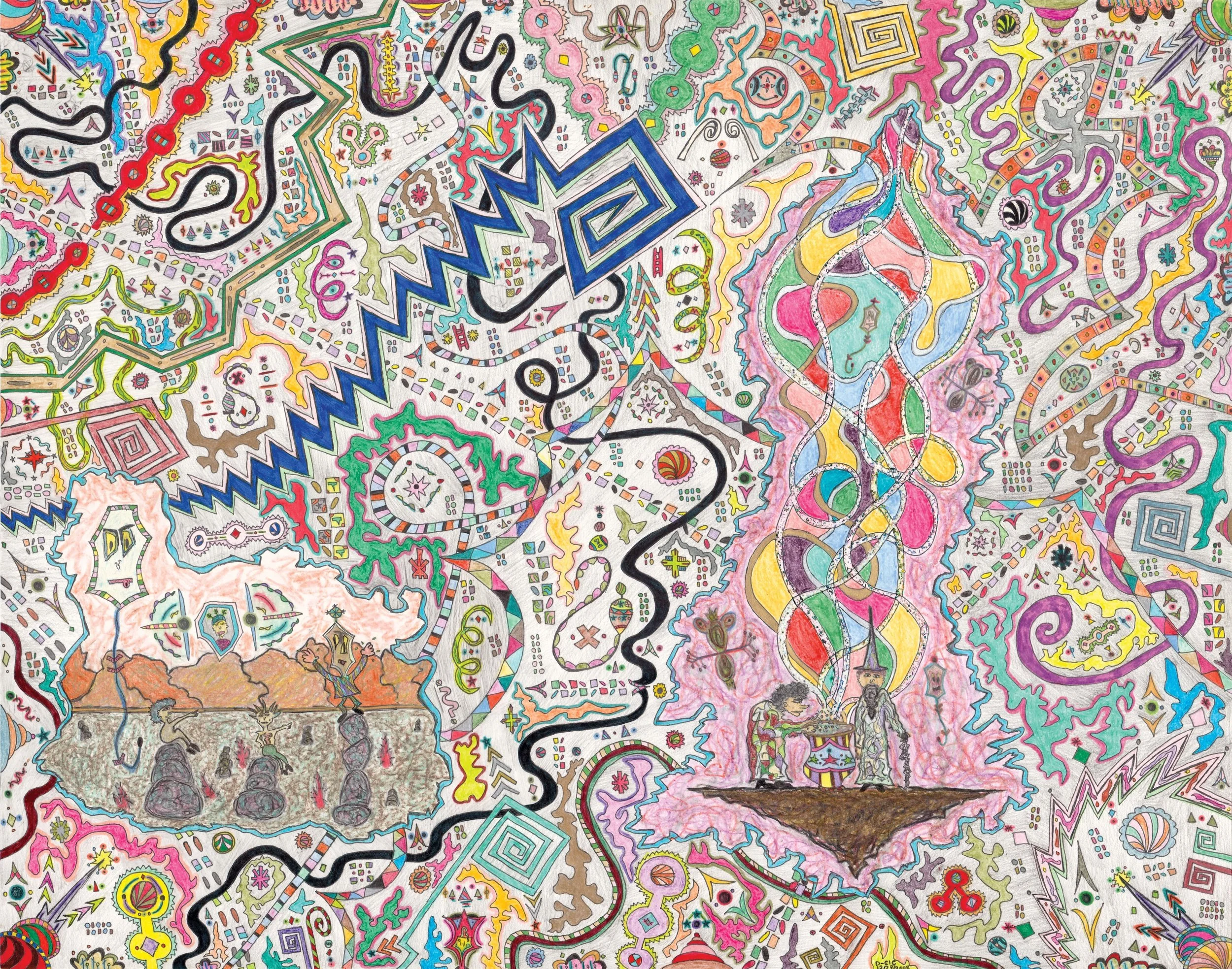 Colorful, abstract, doodle-style artwork with various shapes, squiggles, and symbols. Included are small characters and figures, some resembling playful creatures, and random patterned designs. Prominent black wavy lines and vibrant colors create a c