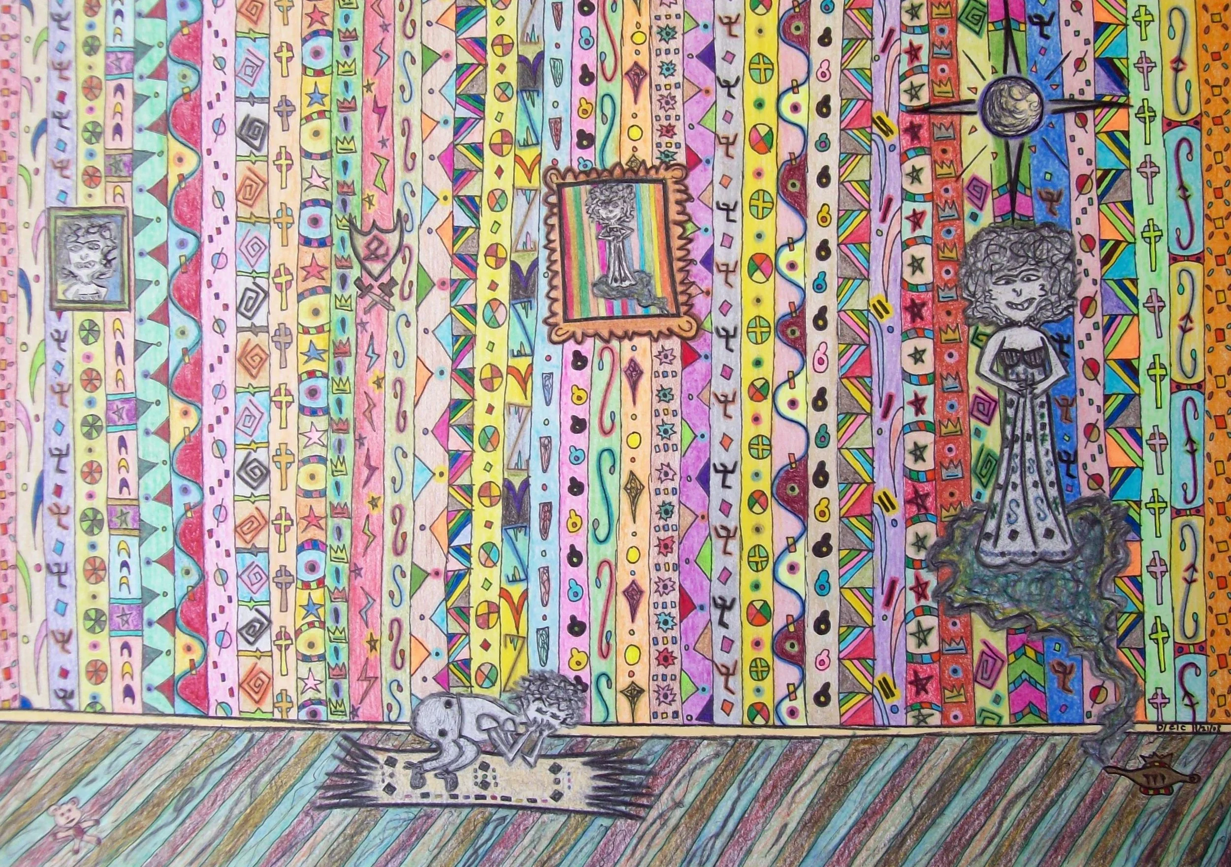 Colorful, abstract drawing of a room with a vibrantly patterned wall, featuring two framed portraits, a hanging picture, and a rainbow-colored floor. There are two skeleton-like characters: one crawling on the floor and the other standing on a decora