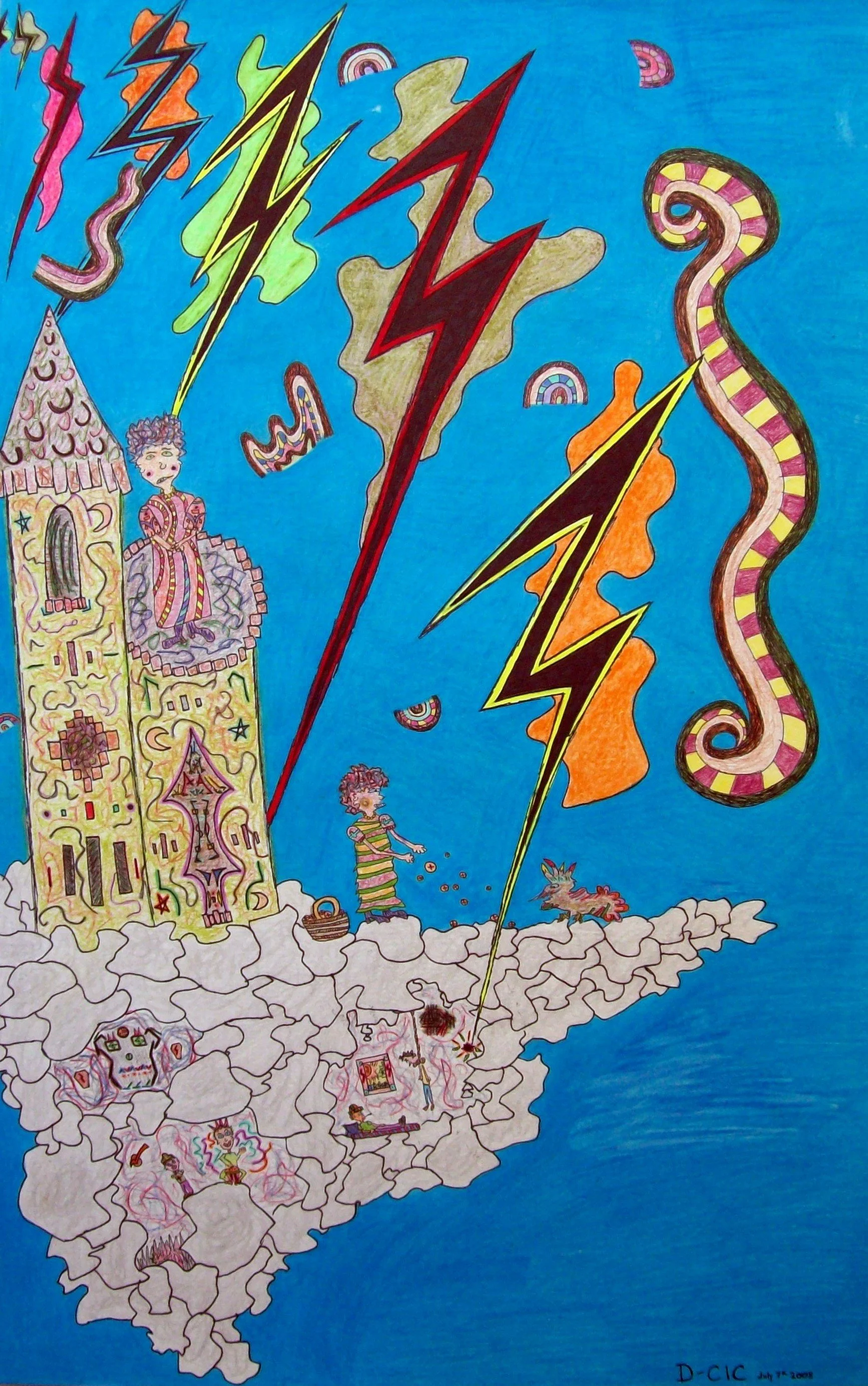 Colorful, whimsical drawing featuring a girl and boy on a floating cloud, lightning bolts, a castle with a person on top, and various abstract bat-shaped, spiral, and rainbow motifs against a blue background.