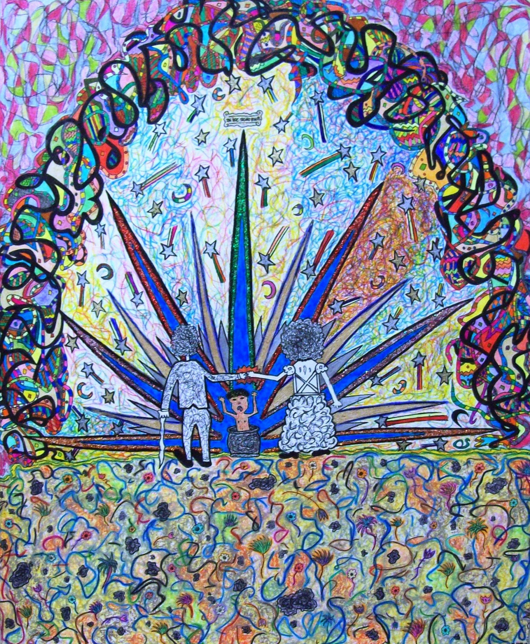 Colorful abstract drawing of two crochet-dressed figures and a person emerging from a box, holding hands in front of a large, radiant background with stars, moons, and vibrant, swirling patterns.