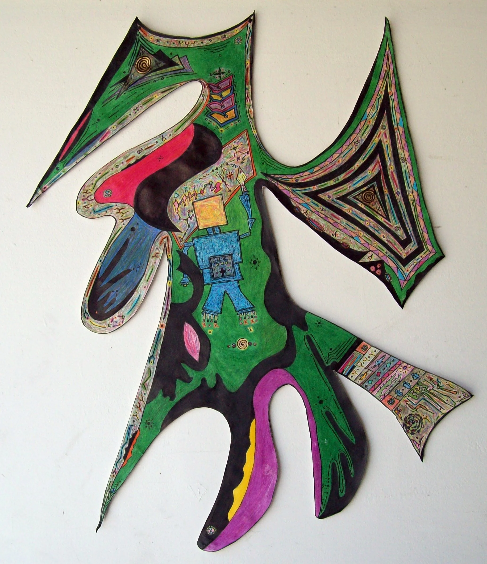 Colorful abstract art piece shaped like a bird with varied geometric and organic designs, featuring a mix of bright colors including green, black, pink, yellow, and blue.