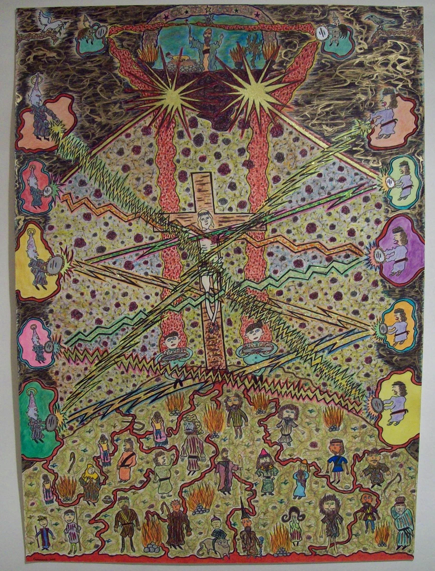 Colorful, intricate prayer shrine scene depicting a crucifixion at the center, surrounded by flames, flames, exaggerated lightning, and numerous figures, angels, and spirits with bright, vibrant colors.