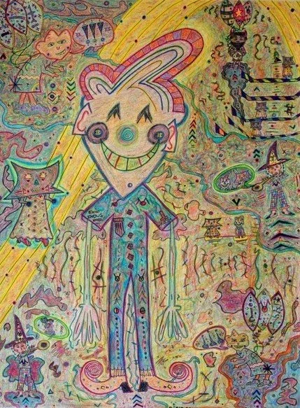 Colorful, whimsical drawing of a smiling character with a big smiling face, tall body, and rainbow-colored hair. Surrounding characters and objects include cats, witches, stars, animals, and mystical symbols, all drawn in a playful, cartoonish style.