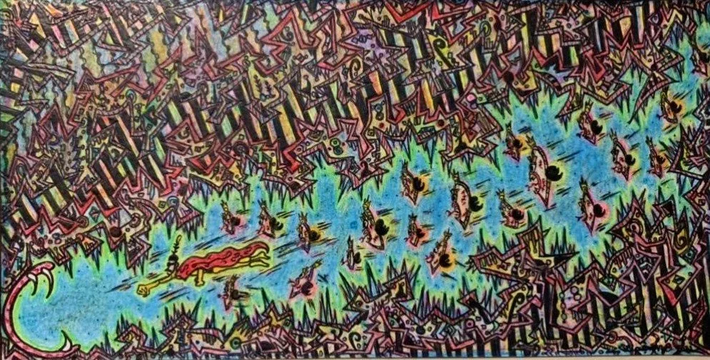 Colorful abstract drawing with a mixture of wild, jagged lines and shapes, featuring a small striped creature with a tail on the left side.