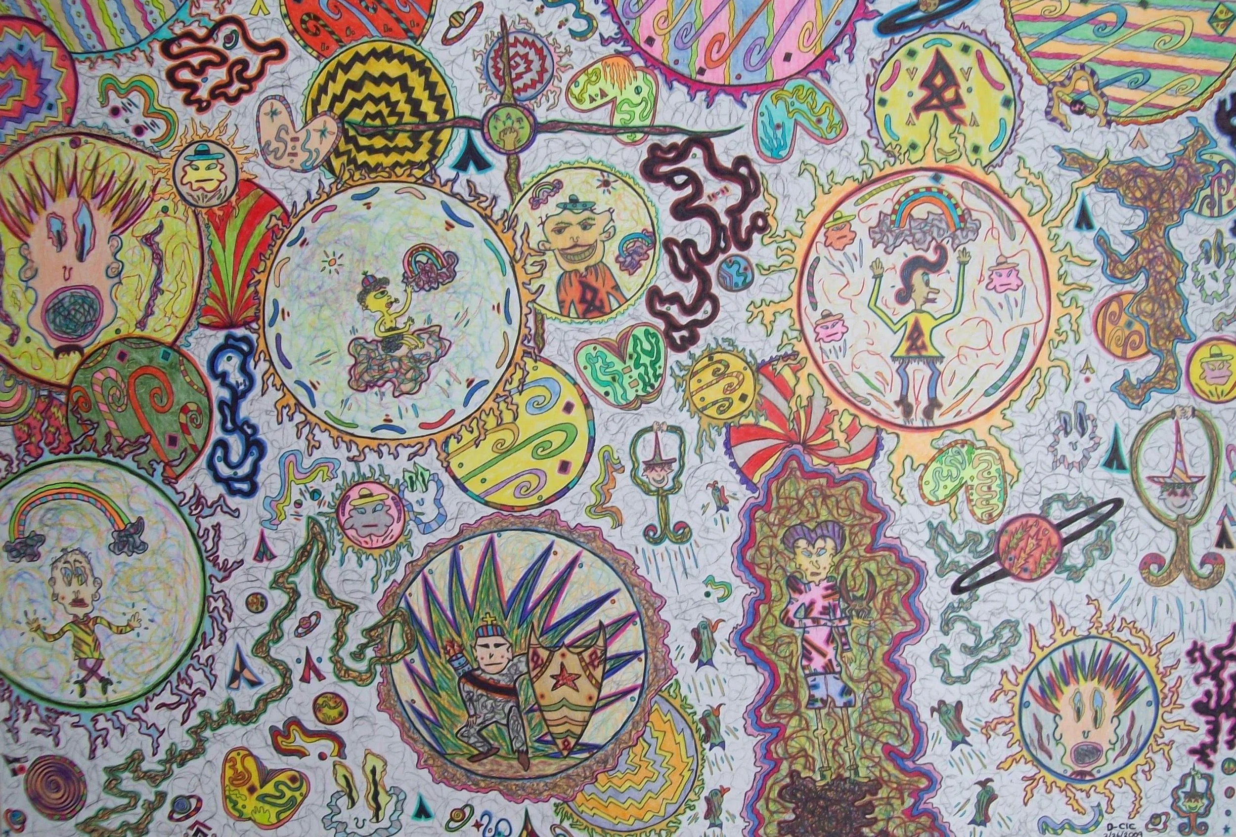 Colorful doodle art with various characters, creatures, and abstract designs, featuring cartoon-like figures and vivid patterns.