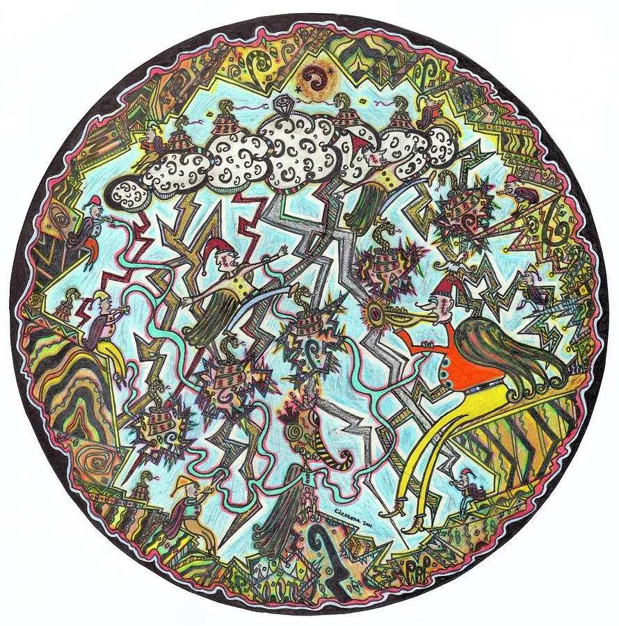 Colorful circular abstract art featuring whimsical figures, clouds, lightning, and intricate patterns.