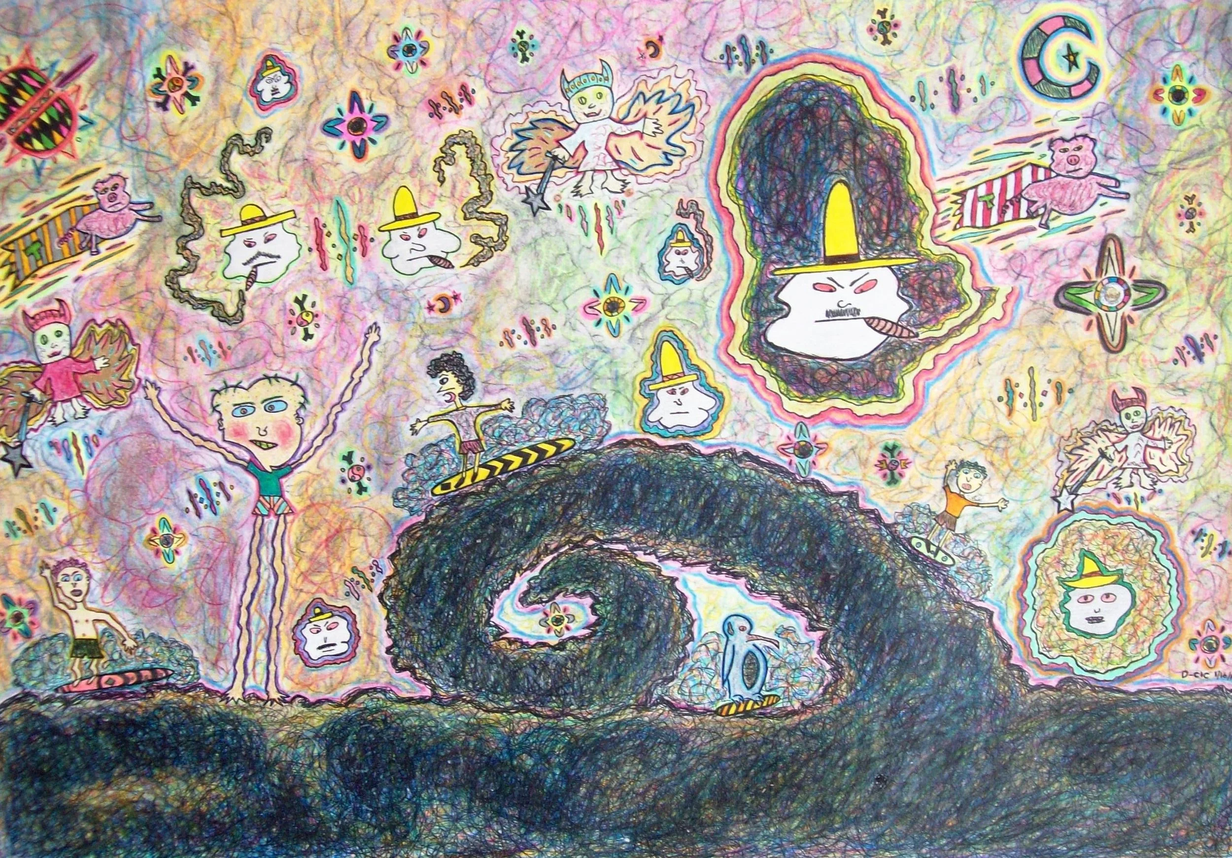 Colorful abstract drawing with cartoon characters, swirling shapes, stars, clouds, rainbow outlines, and whimsical elements on a multicolored background.