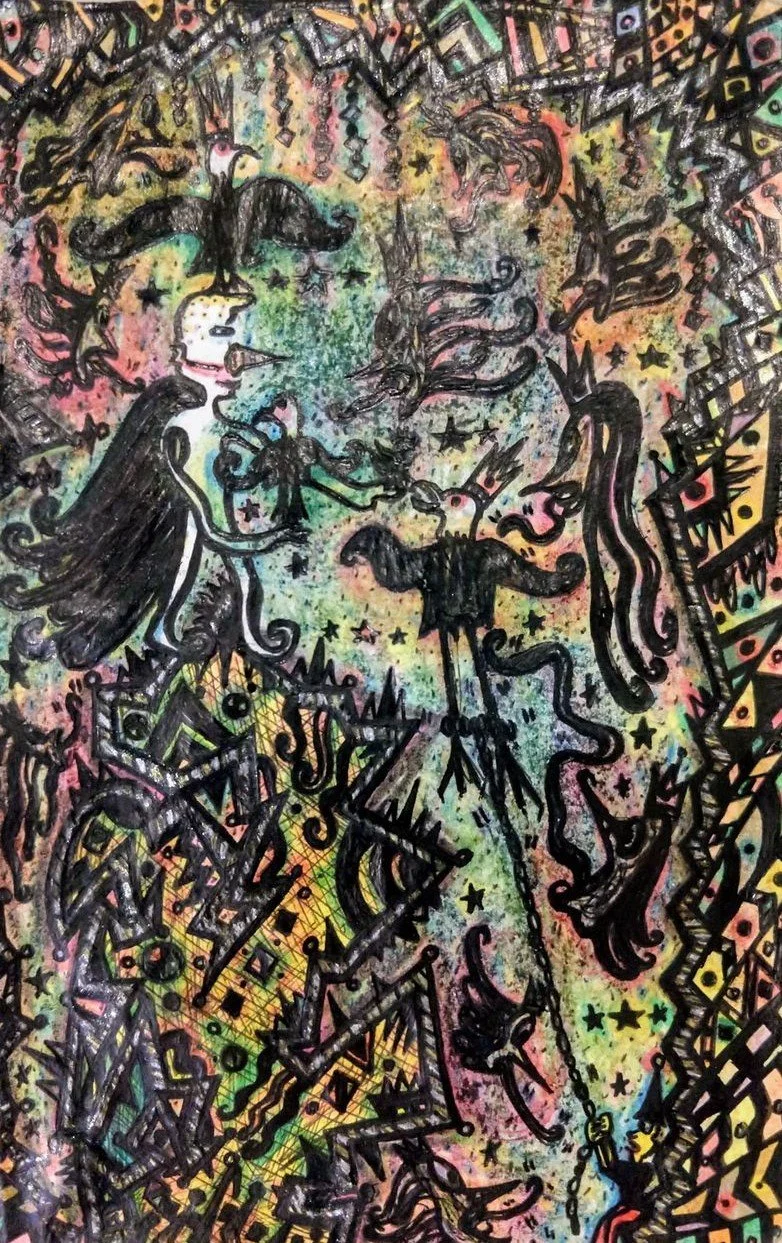 A colorful abstract drawing featuring a large central figure with a female face, holding a wand or staff. Surrounding the figure are various shapes, stars, lines, and doodles in bold black, pink, yellow, and green colors, creating a dynamic, chaotic 
