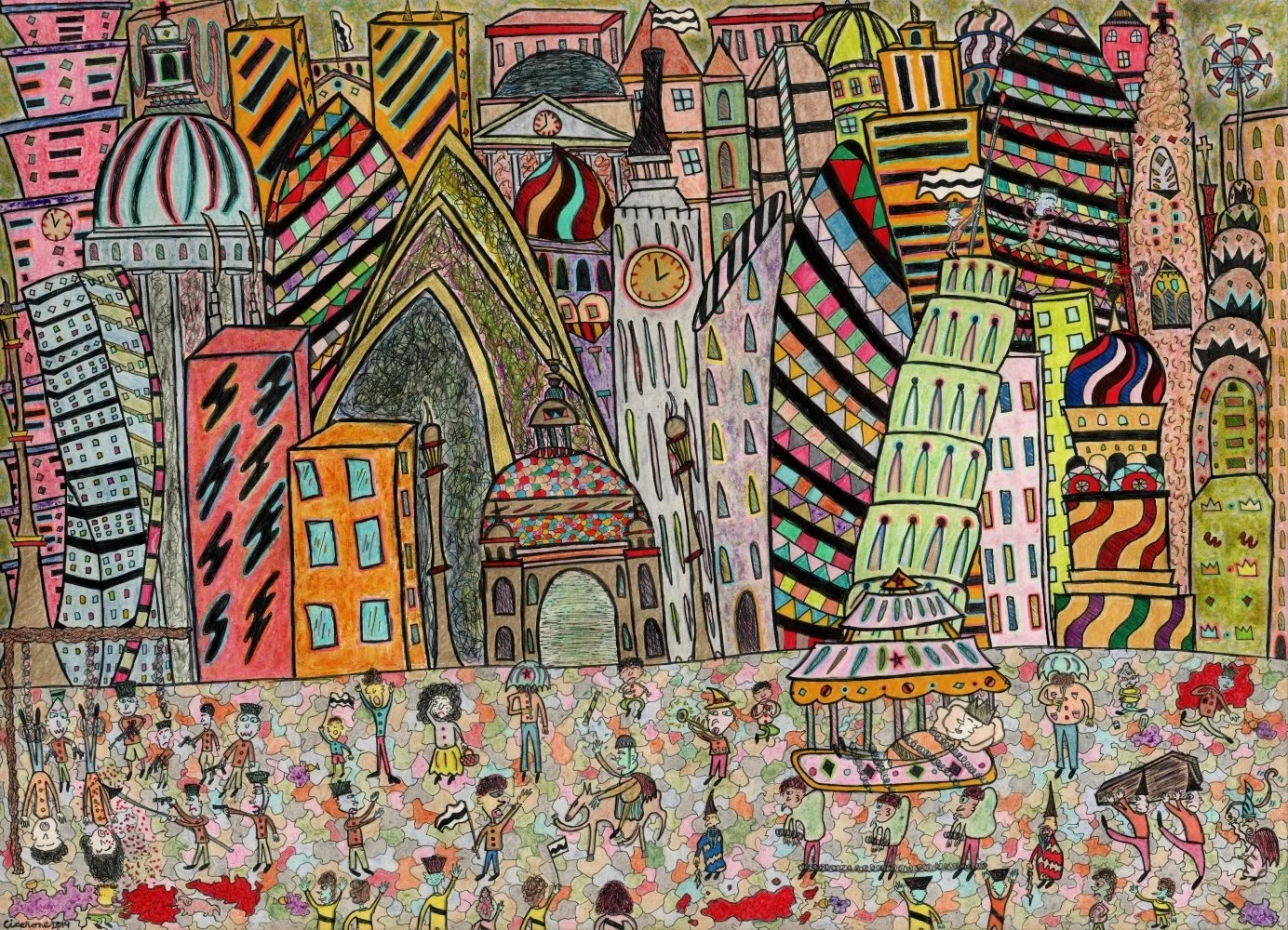 A colorful, abstract drawing of a cityscape with tall, artistically styled buildings, a ferris wheel, and a busy street scene with people, musicians, and carnival rides.