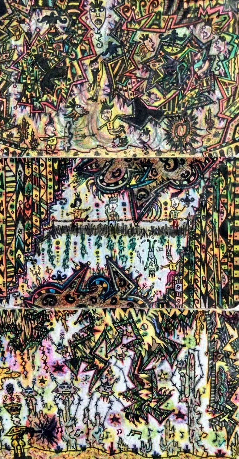 A colorful, abstract, graffiti-style mural with whimsical characters, energetic patterns, and vibrant geometric designs, containing scenes with dancing, singing, and playful animals.