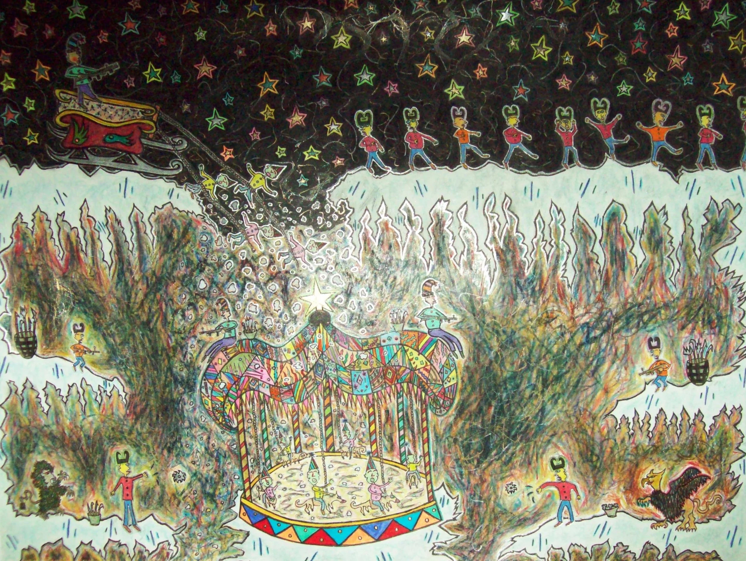 Colorful, childlike drawing of a festive scene with a carousel, a dancing guy, trees, and a starry night with children walking in a line across the top.