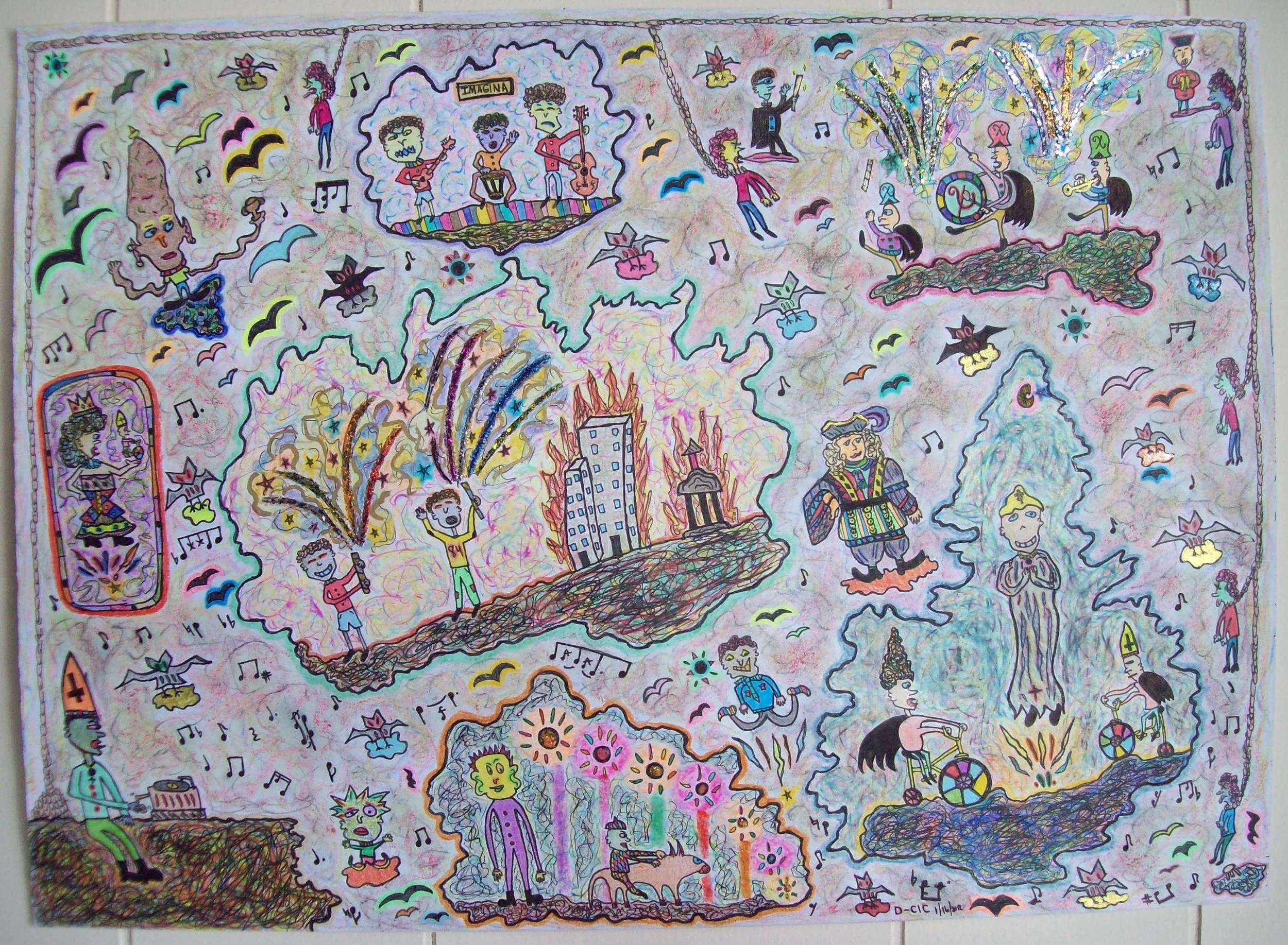 Colorful abstract drawing with various cartoon characters, musical notes, buildings, and scenes like people playing guitars, dancing, and riding bikes, on a multicolored background.