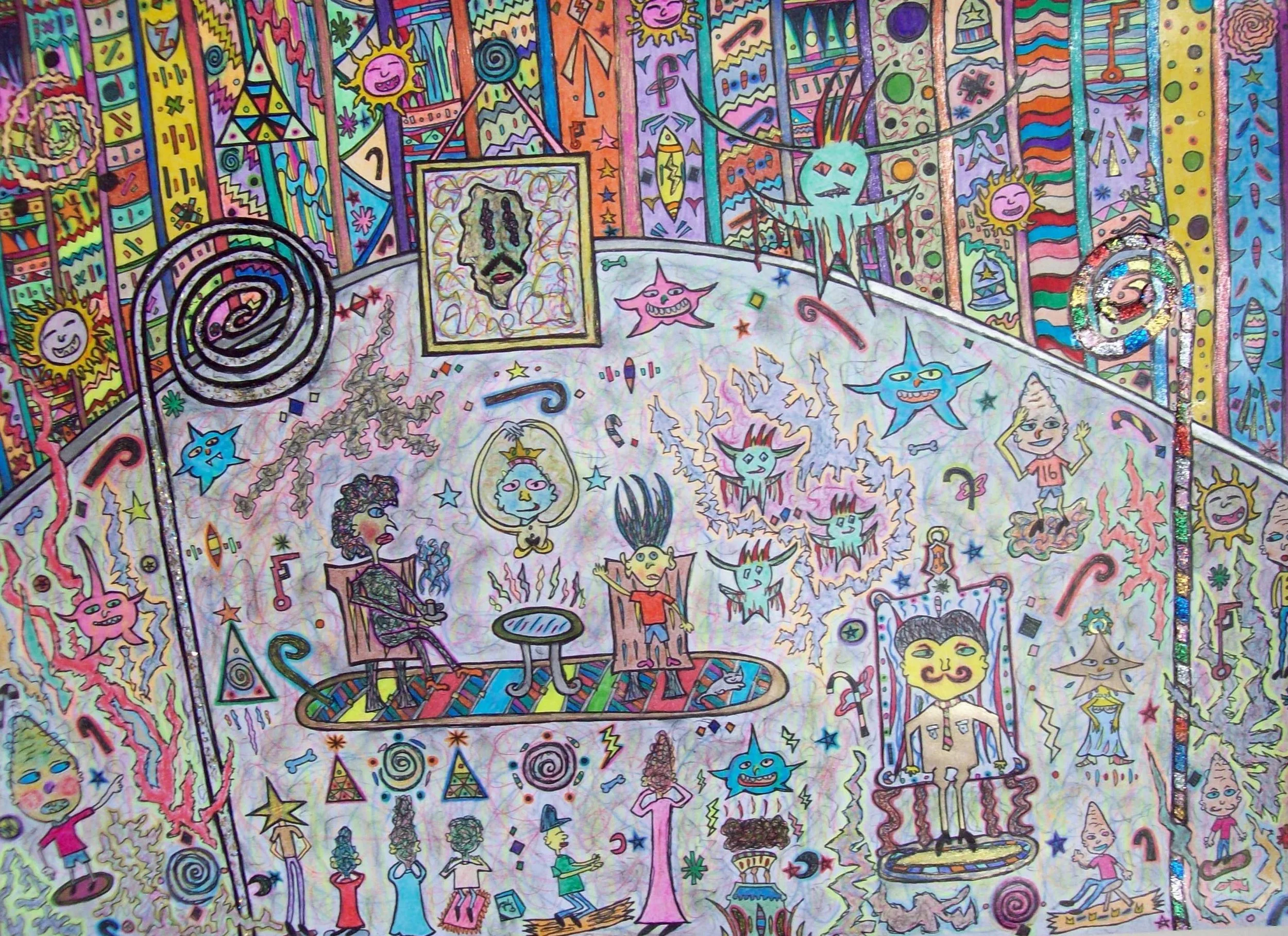 Colorful, abstract, psychedelic scene with various whimsical characters, faces, and patterns. Features a central figure sitting in a chair, surrounded by stars, smiling faces, and cartoonish monsters. Bright, rainbow-colored background with intricate