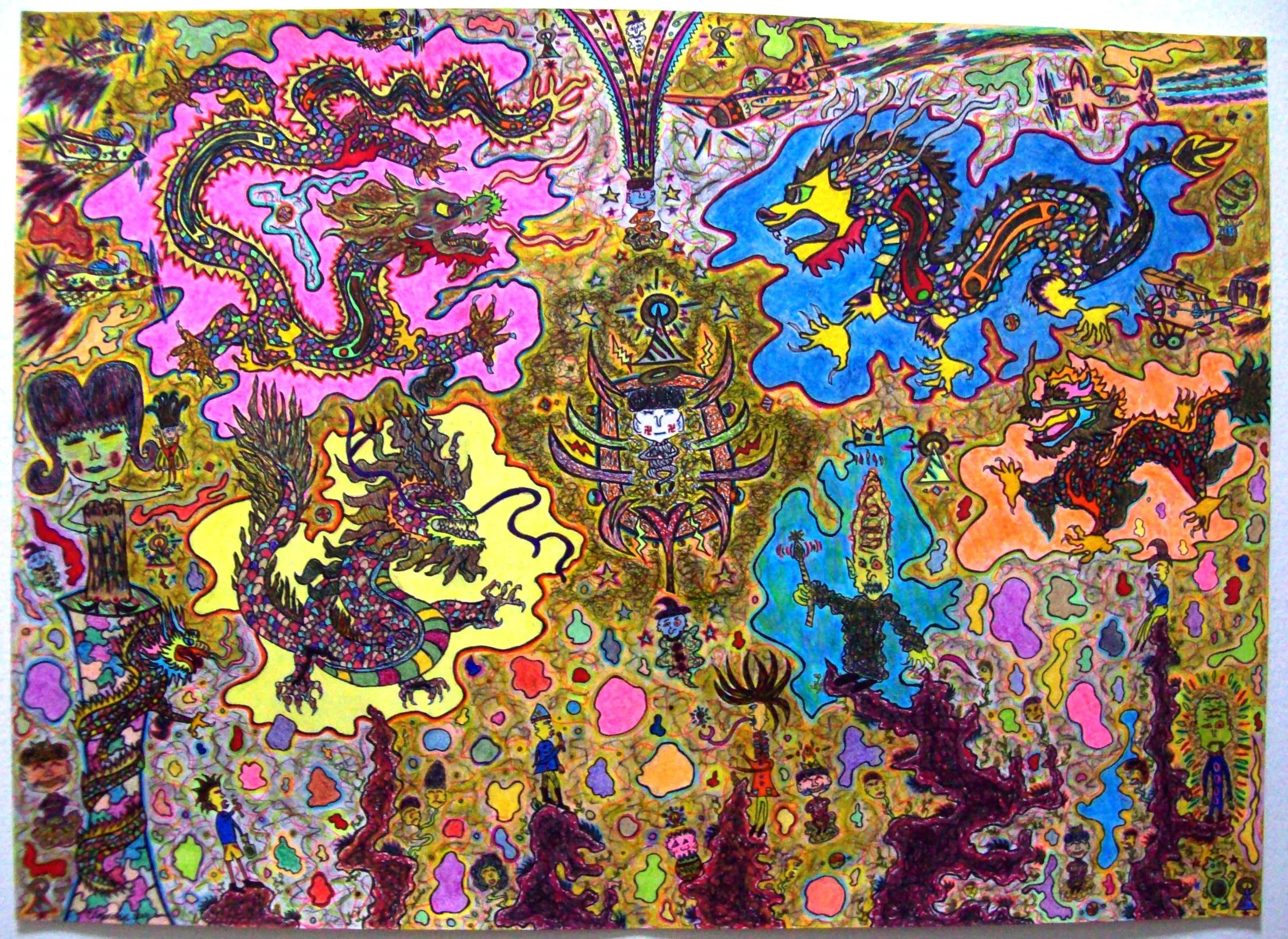 Colorful, chaotic artwork featuring various cartoonish dragons, figures, and abstract creatures with vibrant pink, blue, yellow, green, and purple backgrounds.