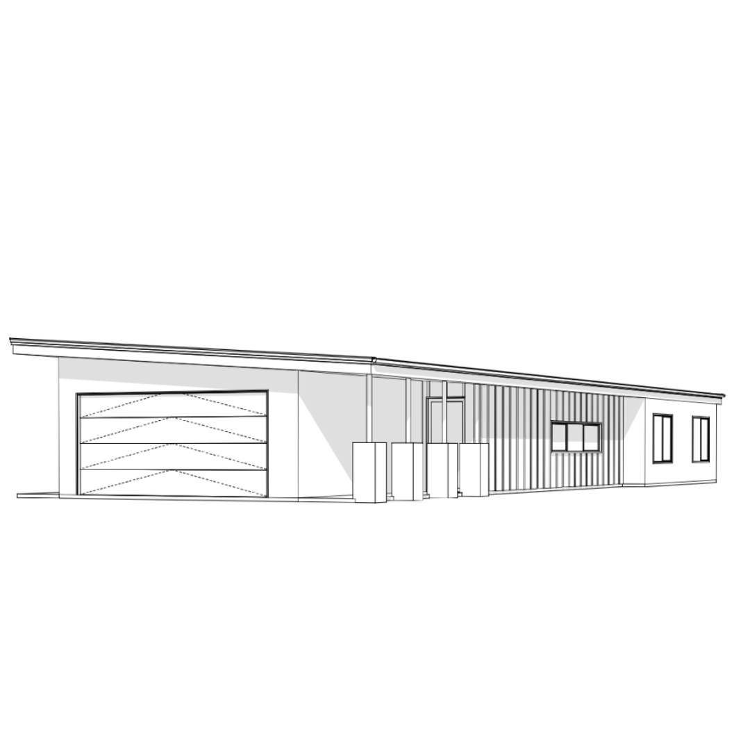 Line drawing of a modern, single-story house with a sloped roof, large garage door, and a combination of vertical paneling and windows.