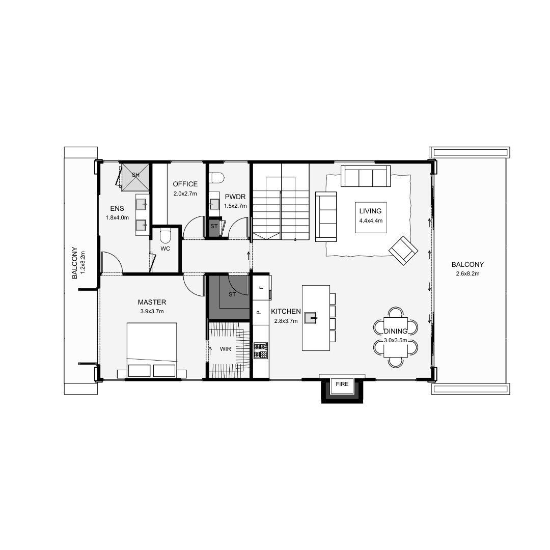 Floor plan of a house with bedrooms, bathrooms, kitchen, living room, dining area, office, balconies, and a fireplace.