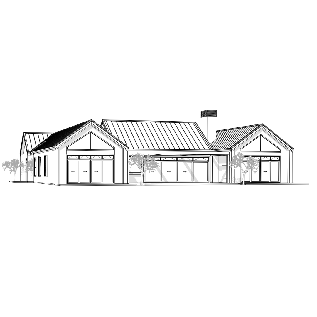Line drawing of a modern house with multiple sections, large windows, gabled roofs, and trees surrounding the property.