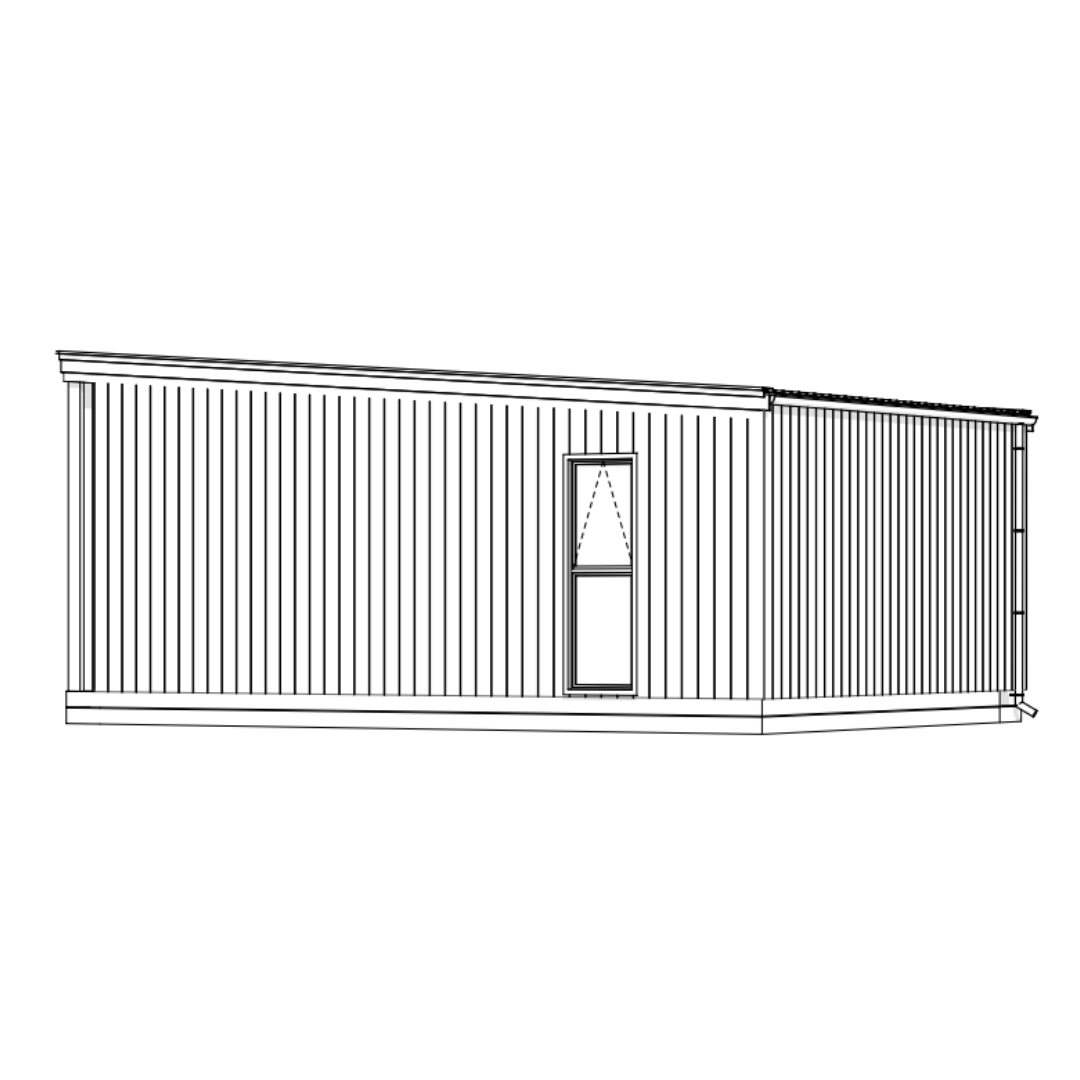 Line drawing of a modern rectangular building with vertical siding and a single window.