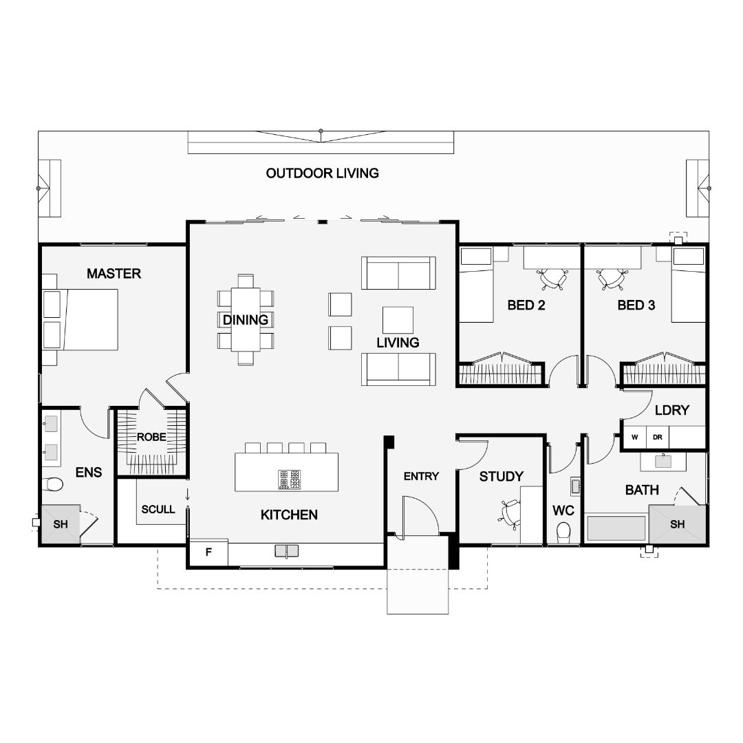 Floor plan of a house with labeled rooms including master bedroom, three additional bedrooms, kitchen, living and dining area, outdoor living space, study, laundry, bathroom, WC, and ensuite bathroom.