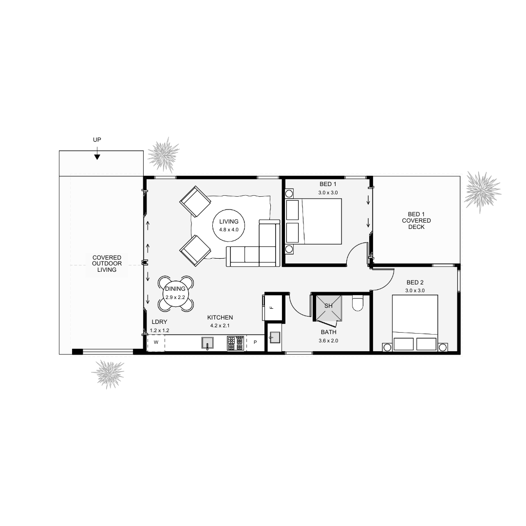 Floor plan of a small house with two bedrooms, a living room, kitchen, bathroom, laundry area, covered outdoor living space, and two decks, with trees outside.