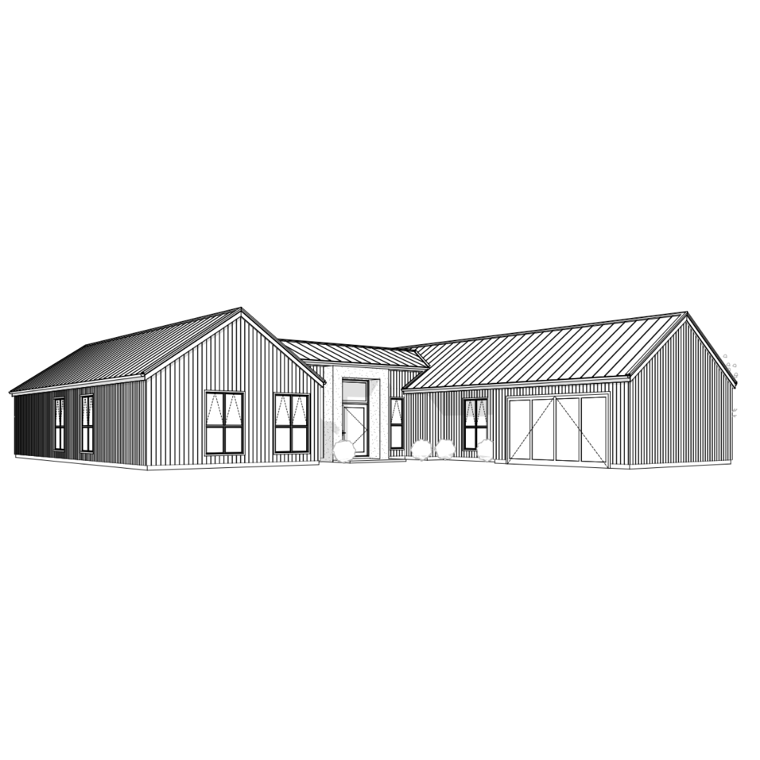 Line drawing of a house with modern architecture and metal roofing, featuring multiple windows, a front door, and attached garage, surrounded by small shrubs.