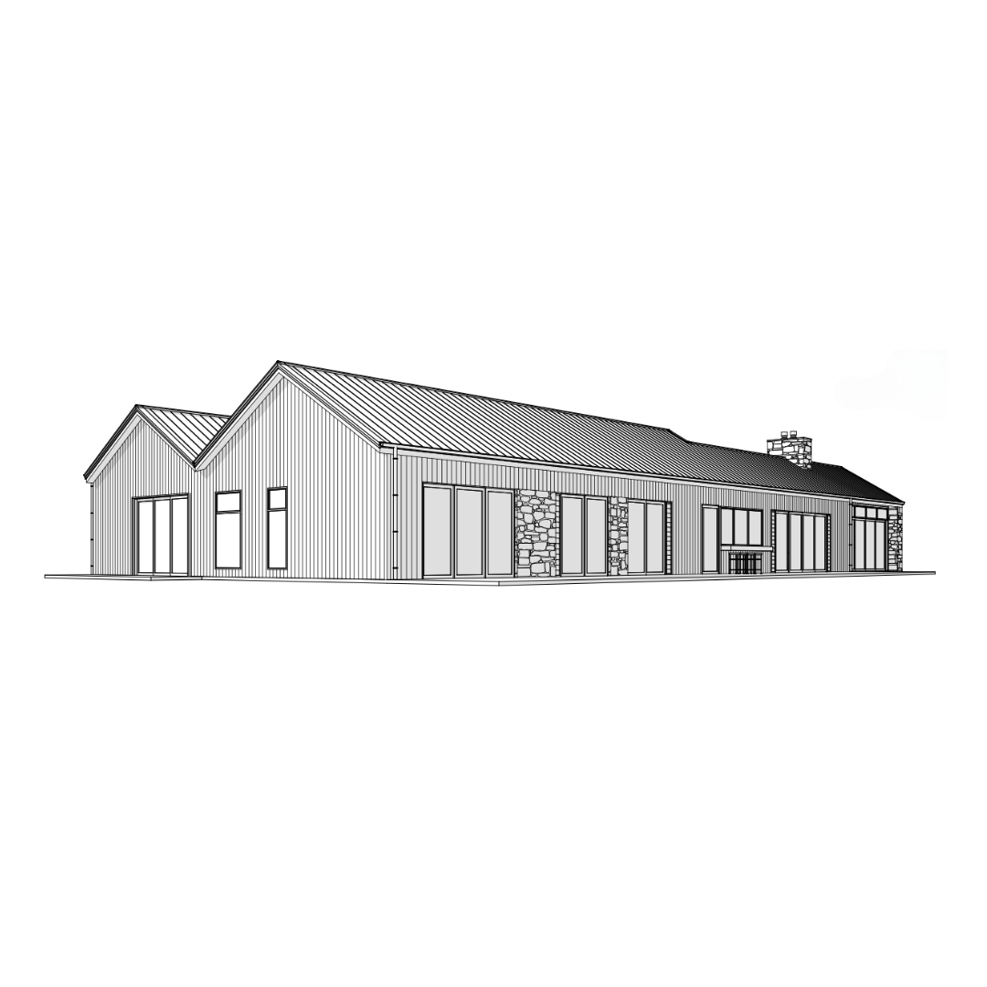 Line drawing of a modern, single-story house with a gabled roof, large windows, and stone accents.