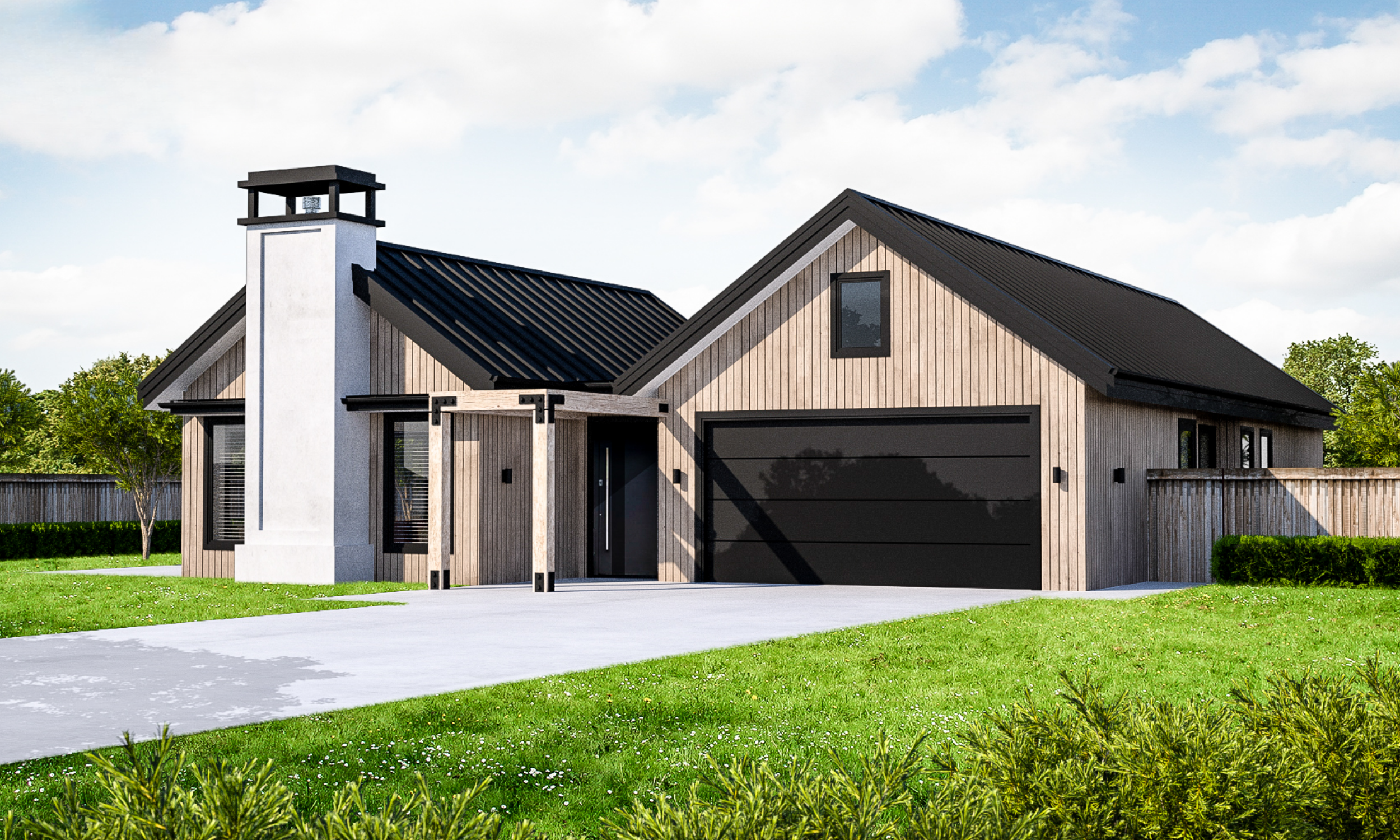 Modern house with wooden siding, black garage door, and metal roof, surrounded by a green lawn and trees.