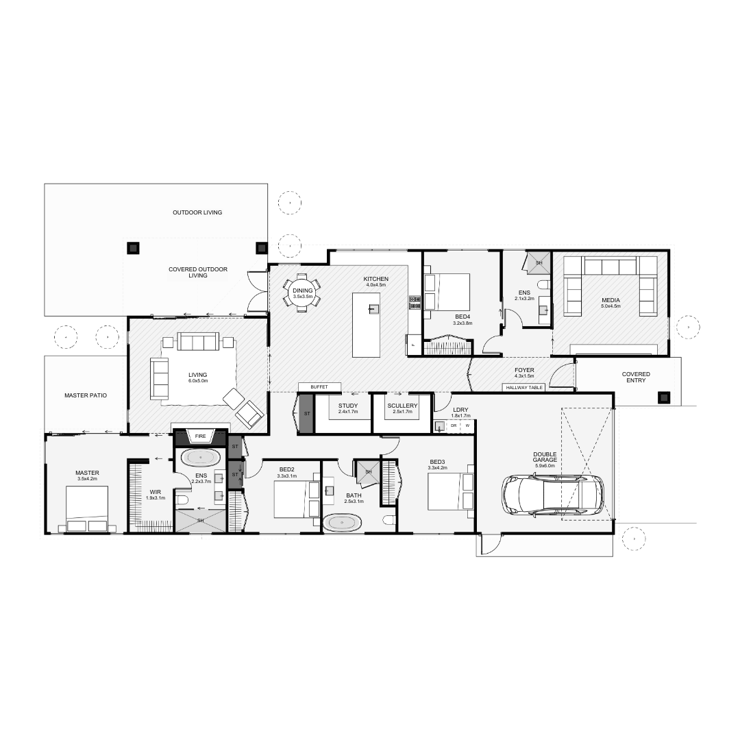 Floor plan of a house showing multiple bedrooms, bathrooms, a living room, kitchen, dining area, garage, media room, outdoor living spaces, and various other rooms and features.