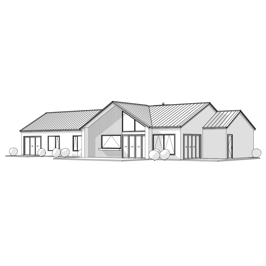 Line drawing of a modern, multi-story house with a sloped metal roof, large windows, and surrounded by bushes.