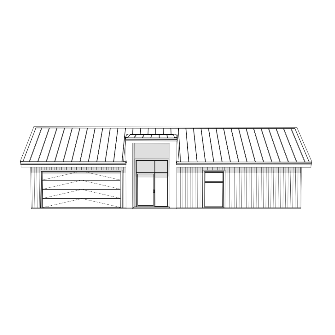 Line drawing of a modern single-story house with a metal roof, a two-car garage, and a front door with windows on either side.
