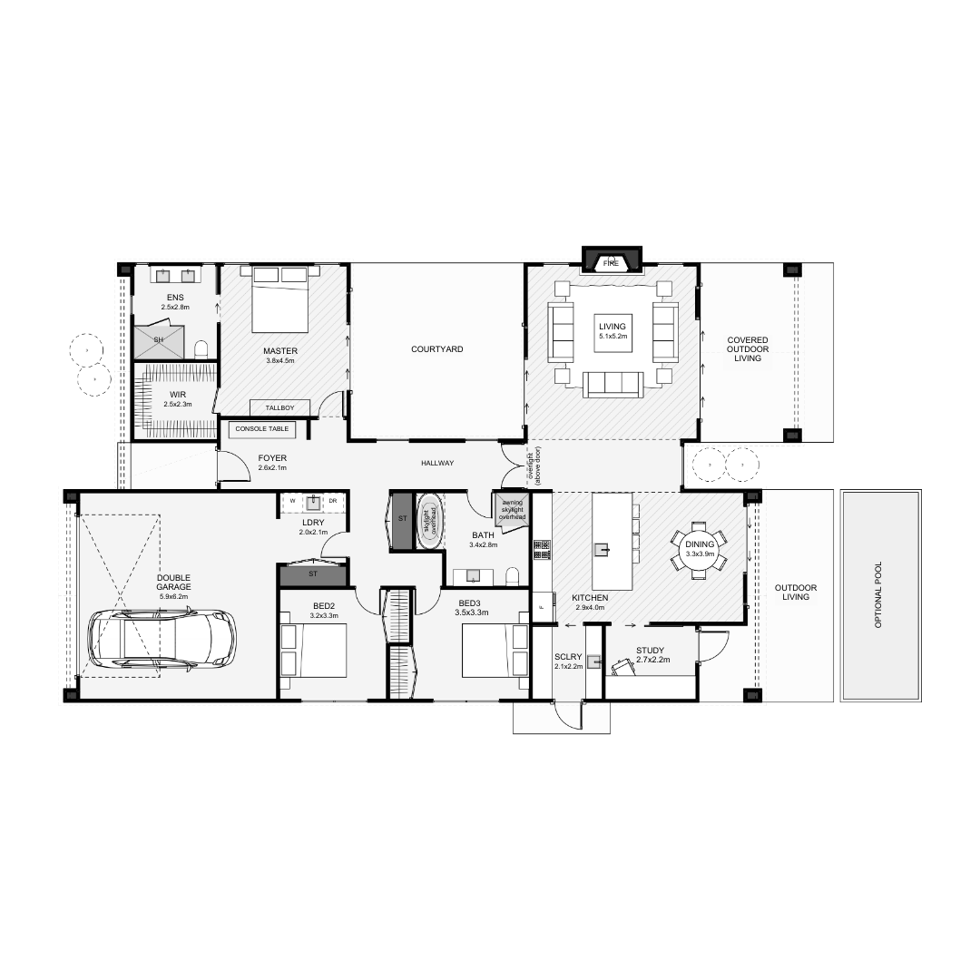 Floor plan of a house showing rooms including a garage, bedrooms, bathrooms, kitchen, living areas, courtyard, outdoor living space, and pool area.