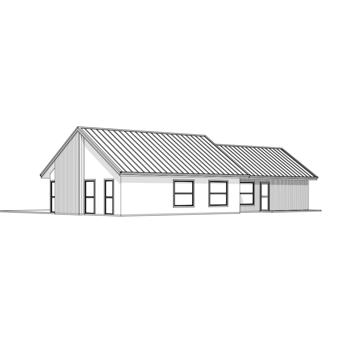 Line drawing of a modern house with a gable roof, multiple windows, and exterior siding.