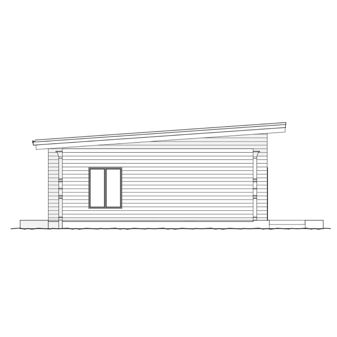 Line drawing of a single-story house with horizontal siding, a rectangular window, and a sloped roof.