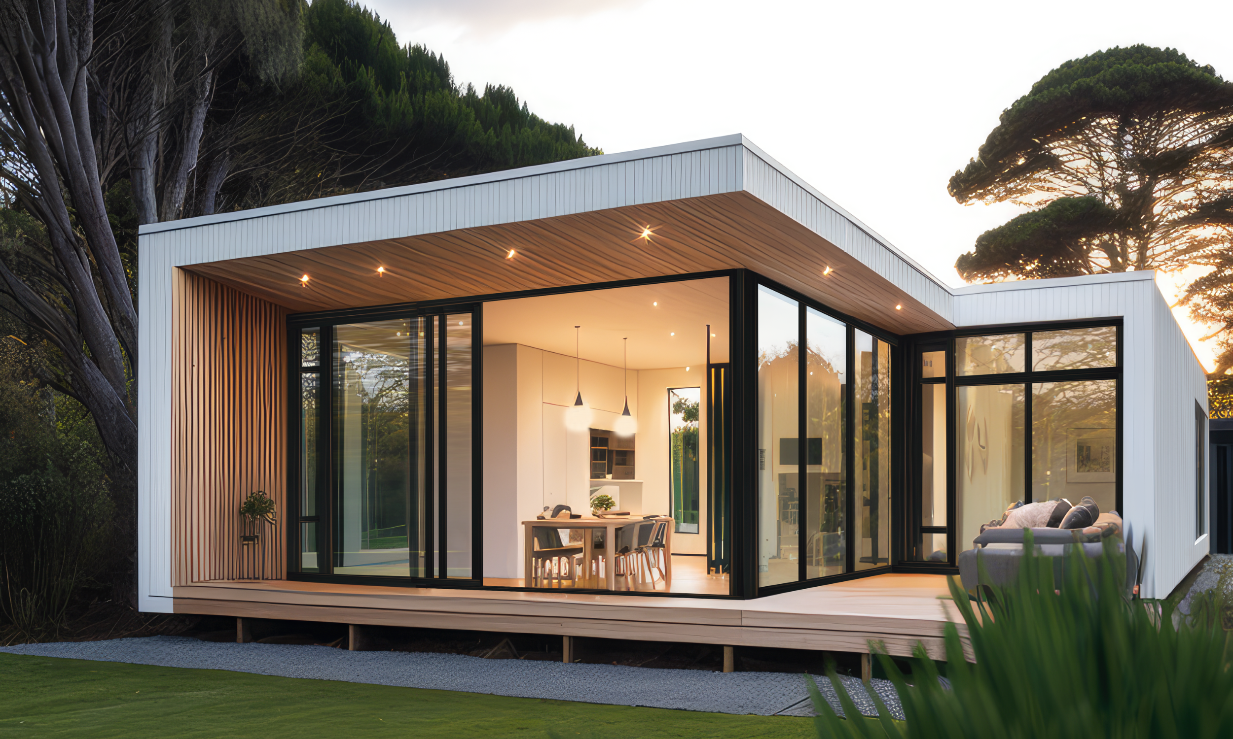 Modern house with large glass windows, interior dining area and living room, outdoor deck, surrounded by trees and greenery during sunset.