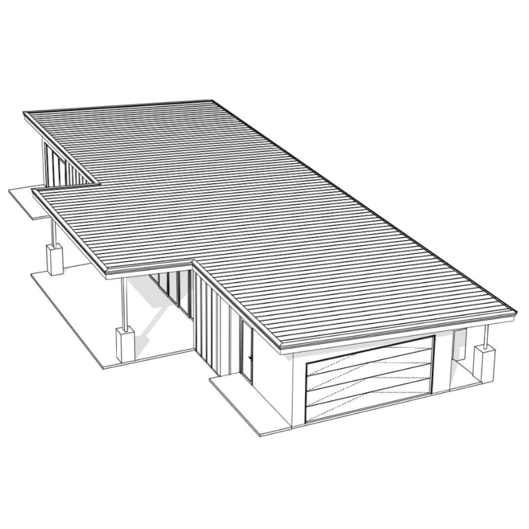 Line drawing of a modern, single-story house with a large, sloped roof, vertical siding, and a garage with a wooden door.